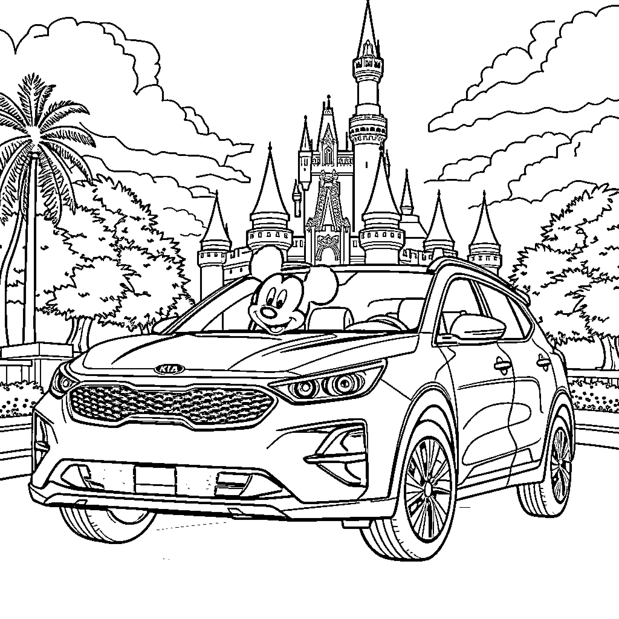 Kia SUV exploring the Magic Kingdom Coloring Page (free black-and-white line drawing printable PDF for all, from beginners to advanced learners, including children, teens, adults, and seniors)
