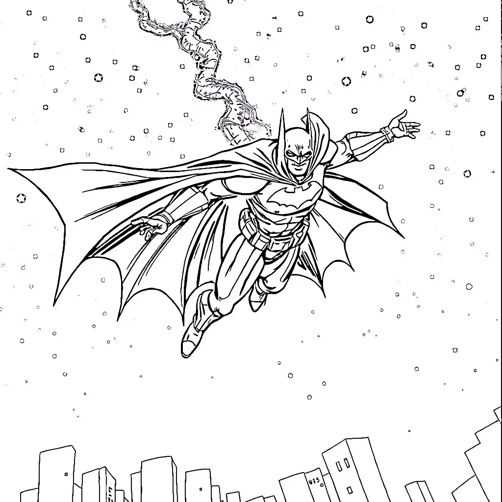 Batman soaring through the snowy city at night Coloring Page (free black-and-white line drawing printable PDF for all, from beginners to advanced learners, including children, teens, adults, and seniors)