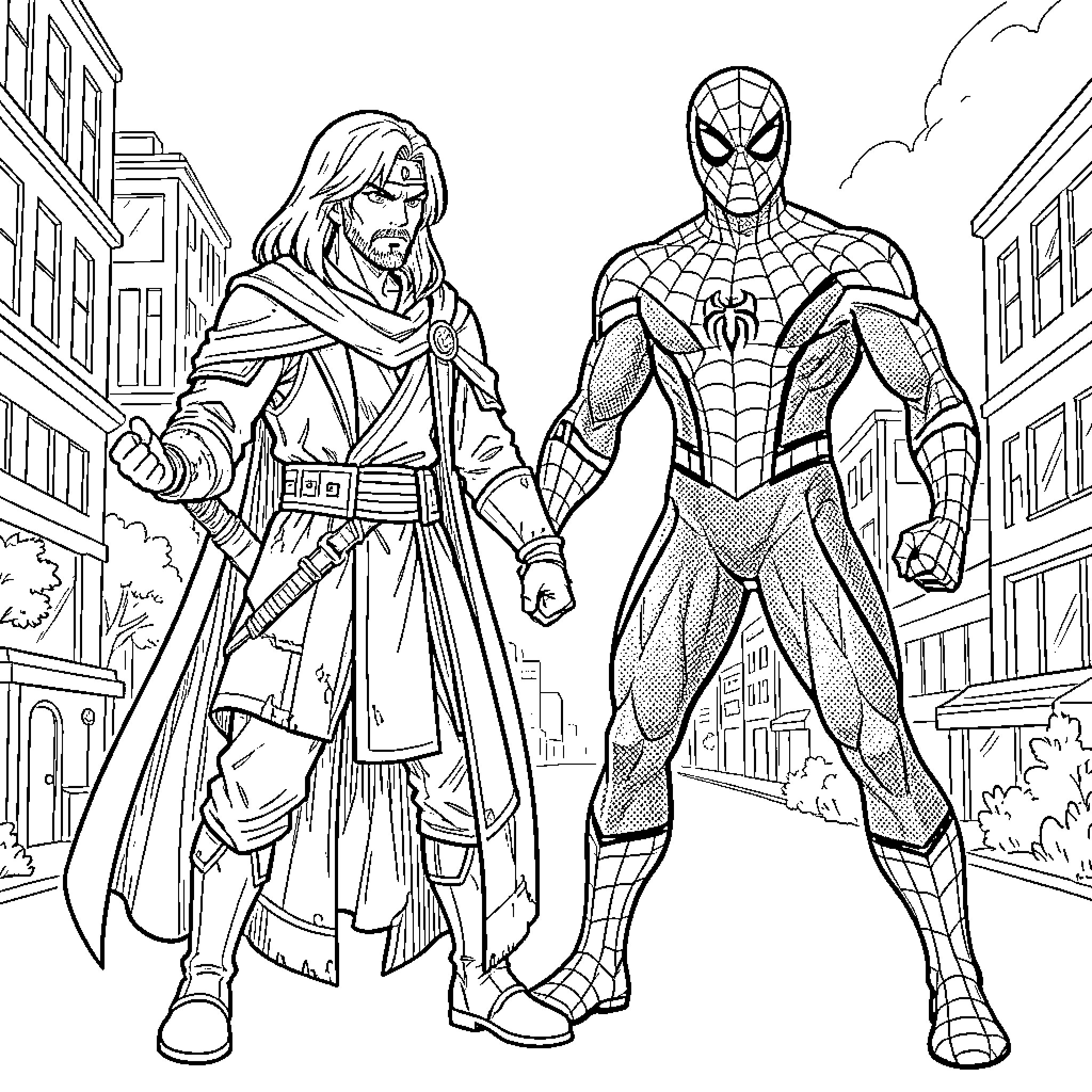 Rumi featuring two superheroes standing together in a city Coloring Page (free black-and-white line drawing printable PDF for all, from beginners to advanced learners, including children, teens, adults, and seniors)