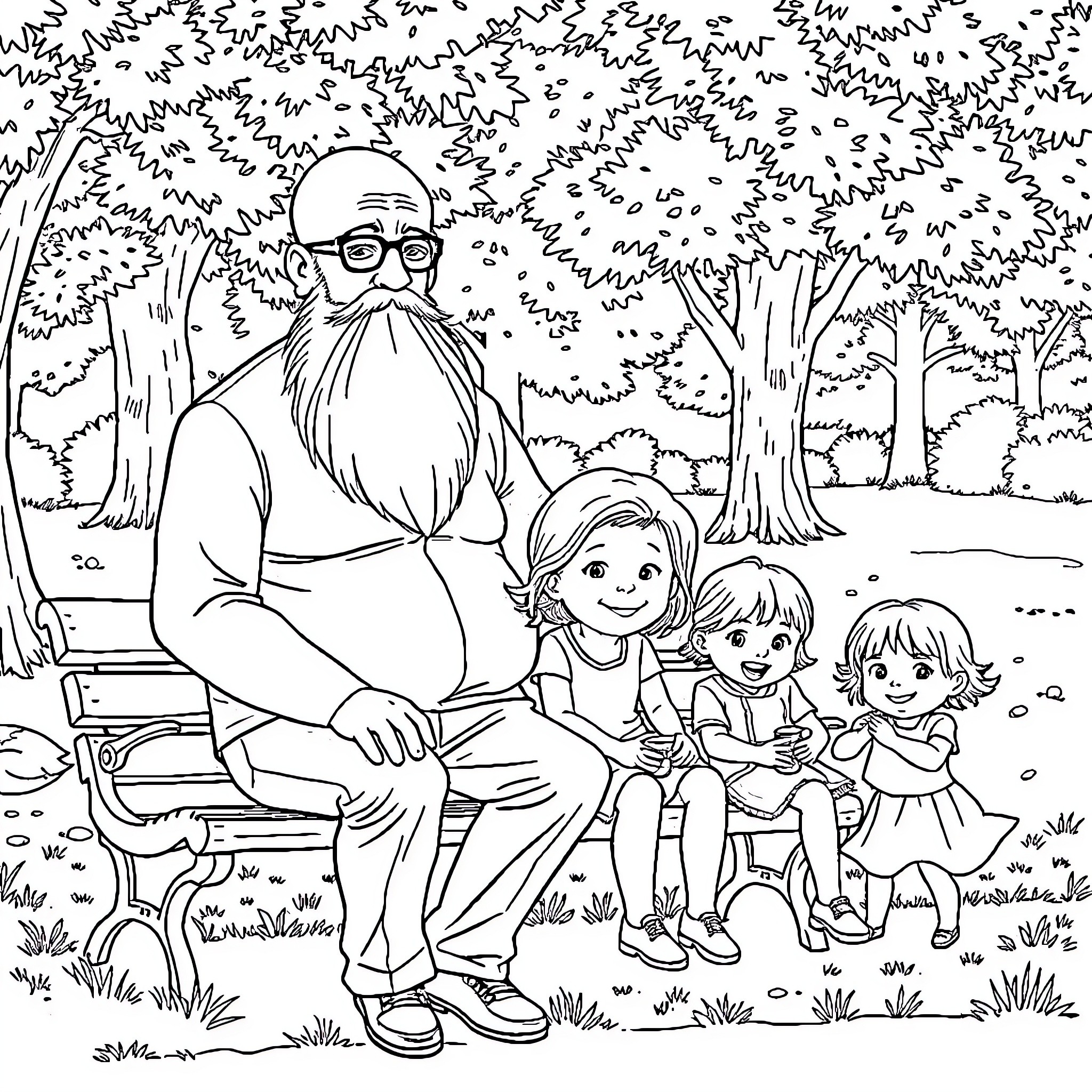 Family enjoying a peaceful moment in the park Coloring Page (free black-and-white line drawing printable PDF for all, from beginners to advanced learners, including children, teens, adults, and seniors)