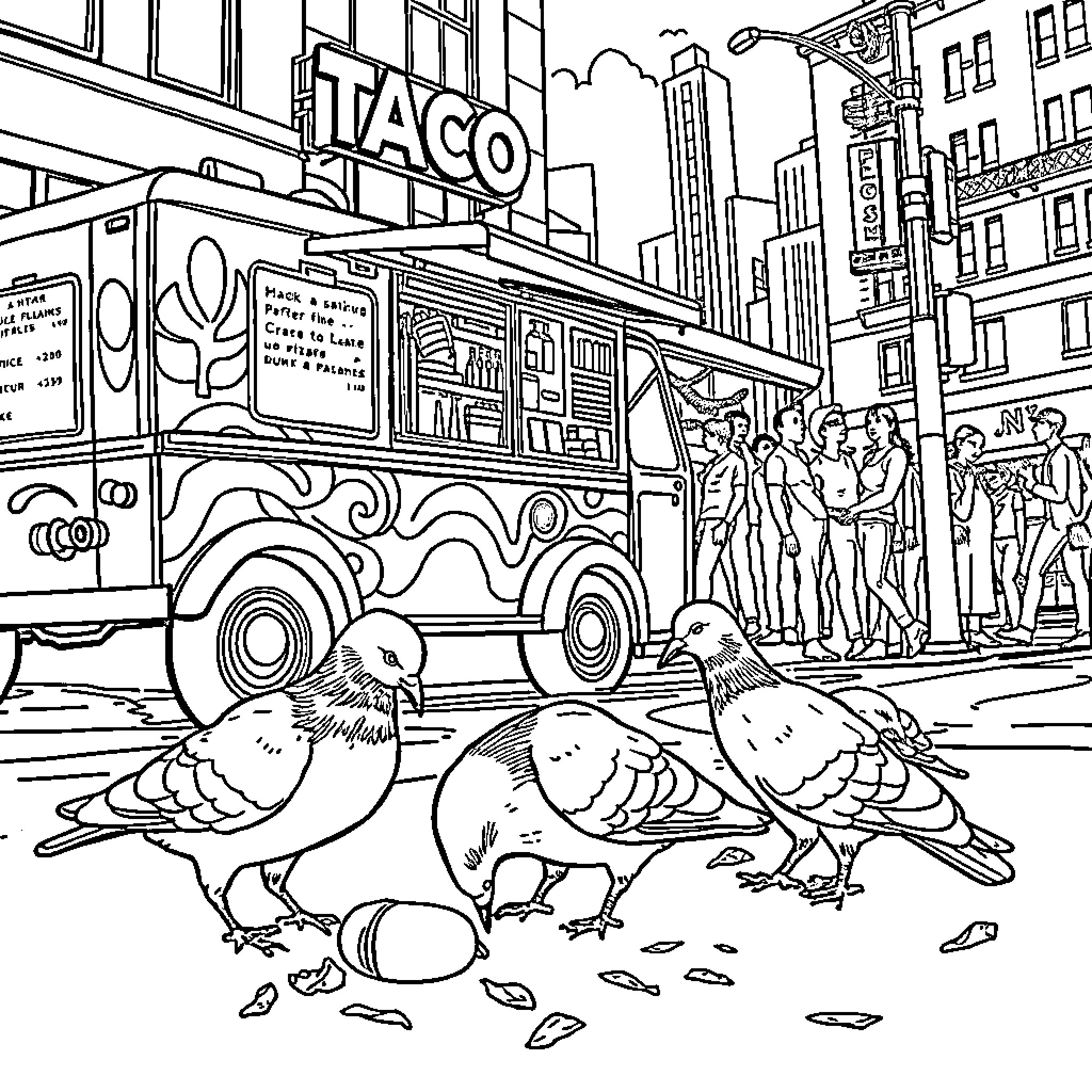 Pigeons roaming near a Taco food truck in the city Coloring Page (free black-and-white line drawing printable PDF for all, from beginners to advanced learners, including children, teens, adults, and seniors)