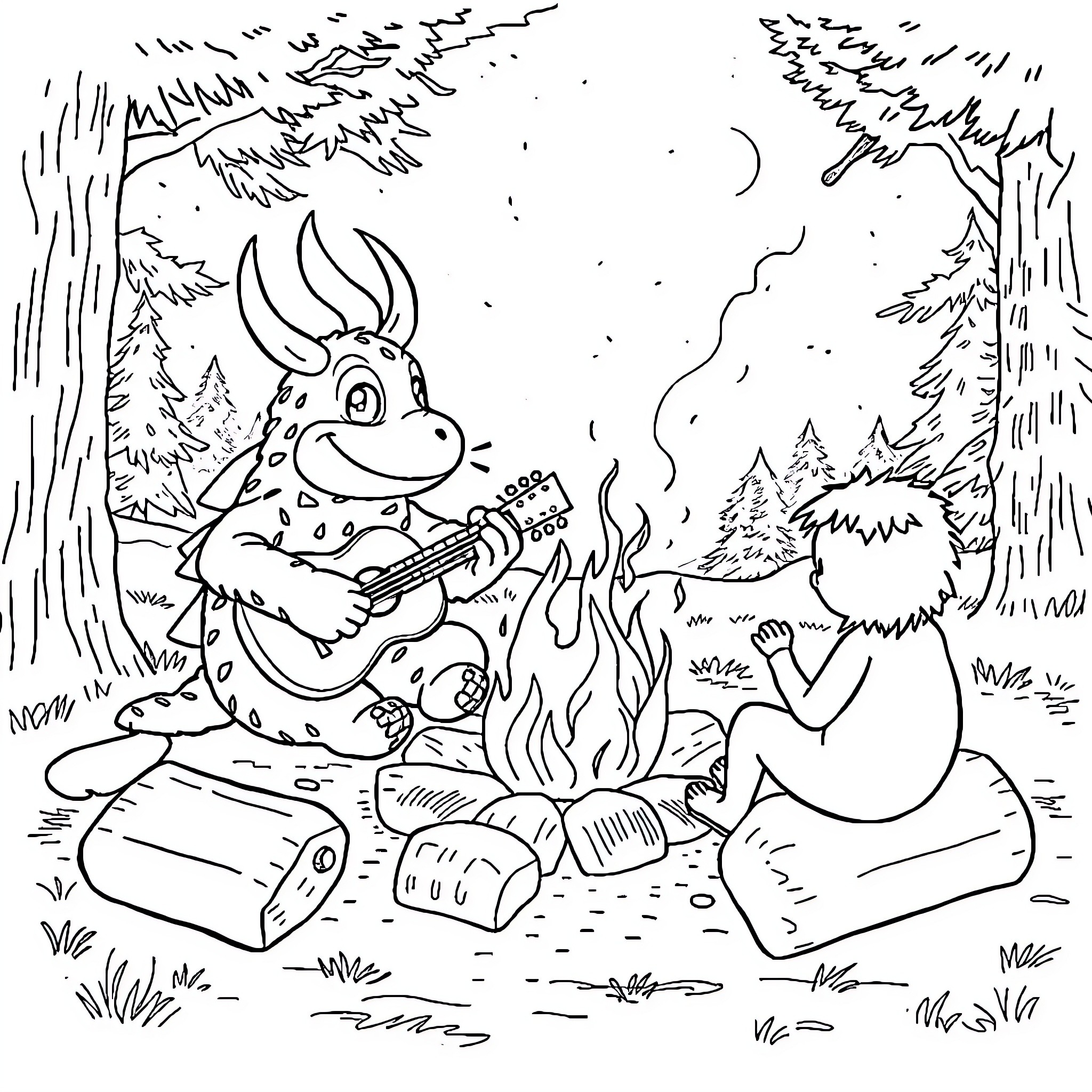 Krokmou enjoying a campfire with friends in the forest Coloring Page (free black-and-white line drawing printable PDF for all, from beginners to advanced learners, including children, teens, adults, and seniors)