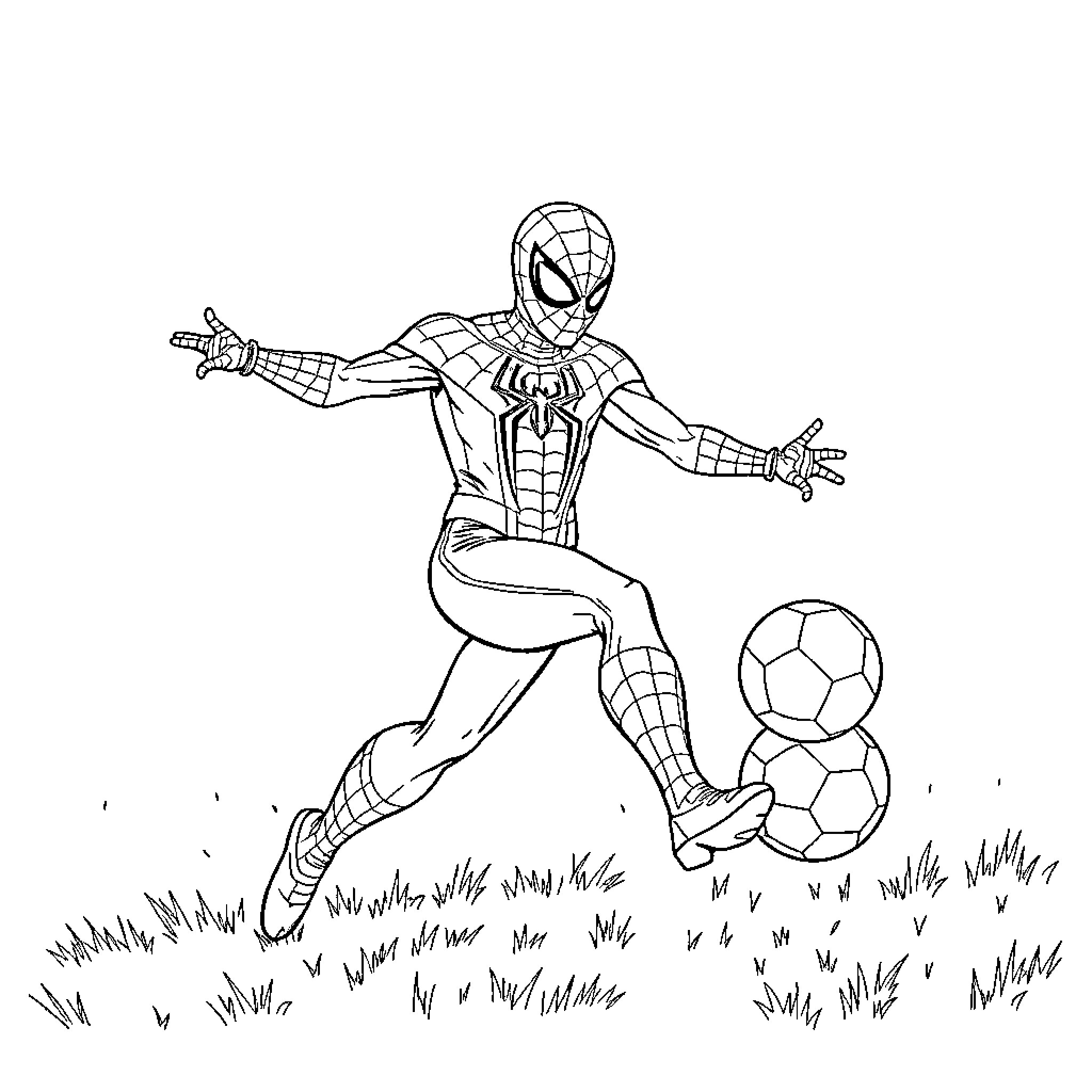 Spiderman playing football in the park Coloring Page (free black-and-white line drawing printable PDF for all, from beginners to advanced learners, including children, teens, adults, and seniors)