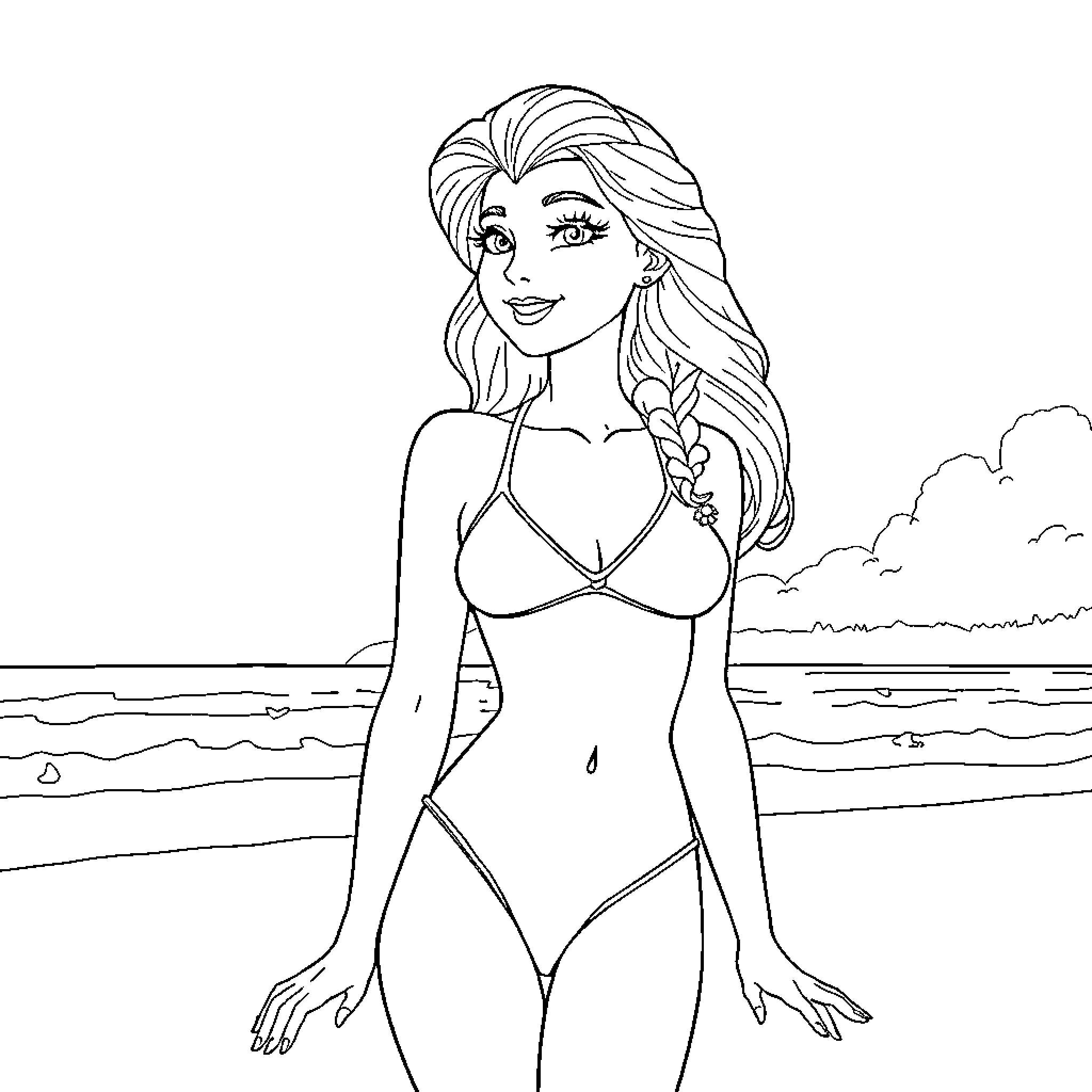 Queen in Elegant Beachwear by the Sea Coloring Page (free black-and-white line drawing printable PDF for all, from beginners to advanced learners, including children, teens, adults, and seniors)