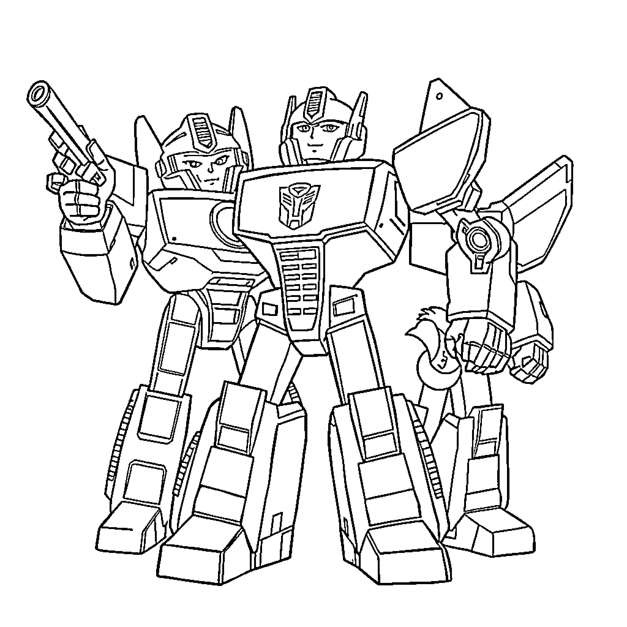 Transformer robot in battle-ready pose Coloring Page (free black-and-white line drawing printable PDF for all, from beginners to advanced learners, including children, teens, adults, and seniors)
