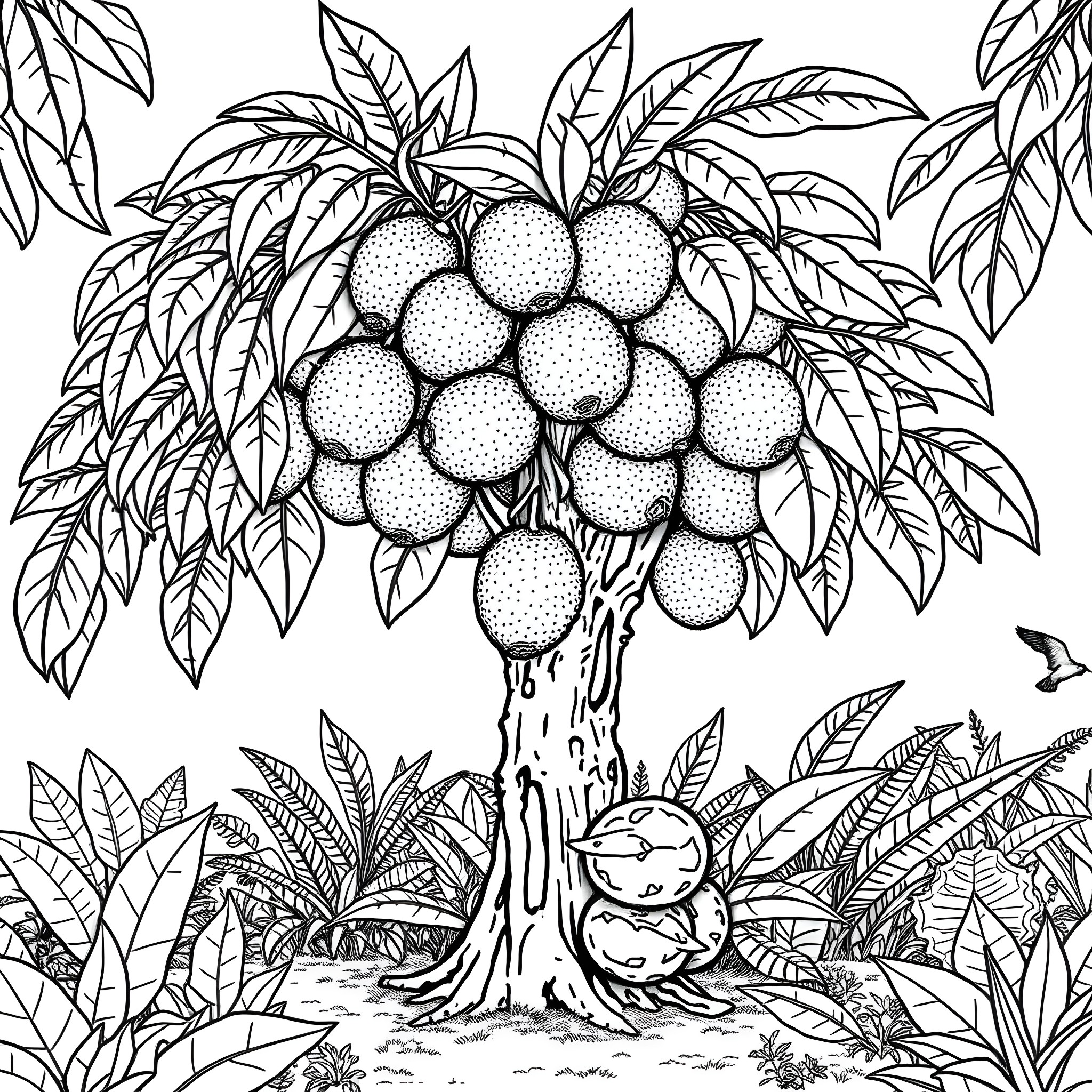 Breadfruit tree in lush tropical landscape Coloring Page (free black-and-white line drawing printable PDF for all, from beginners to advanced learners, including children, teens, adults, and seniors)