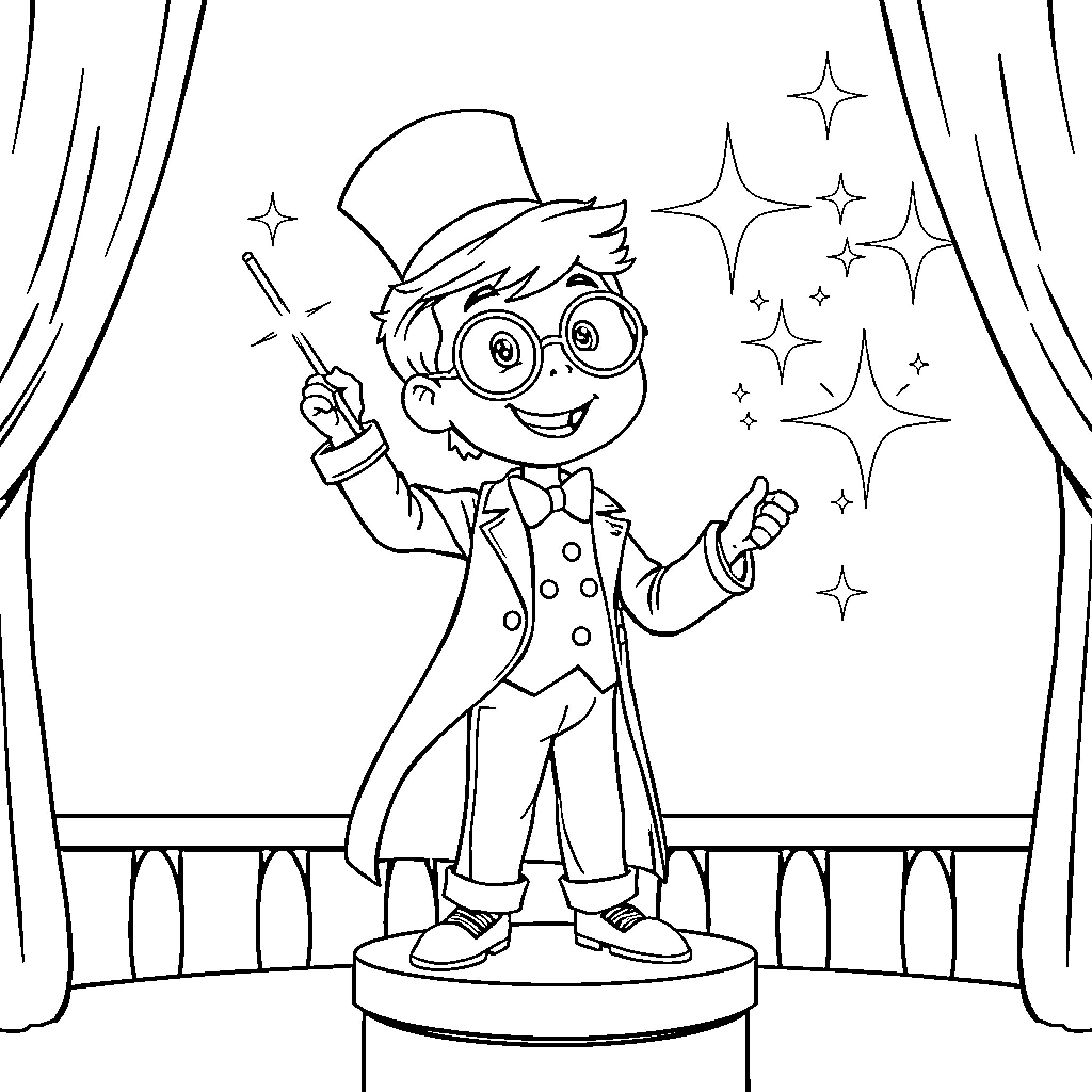 Magician performing magical tricks on stage Coloring Page (free black-and-white line drawing printable PDF for all, from beginners to advanced learners, including children, teens, adults, and seniors)