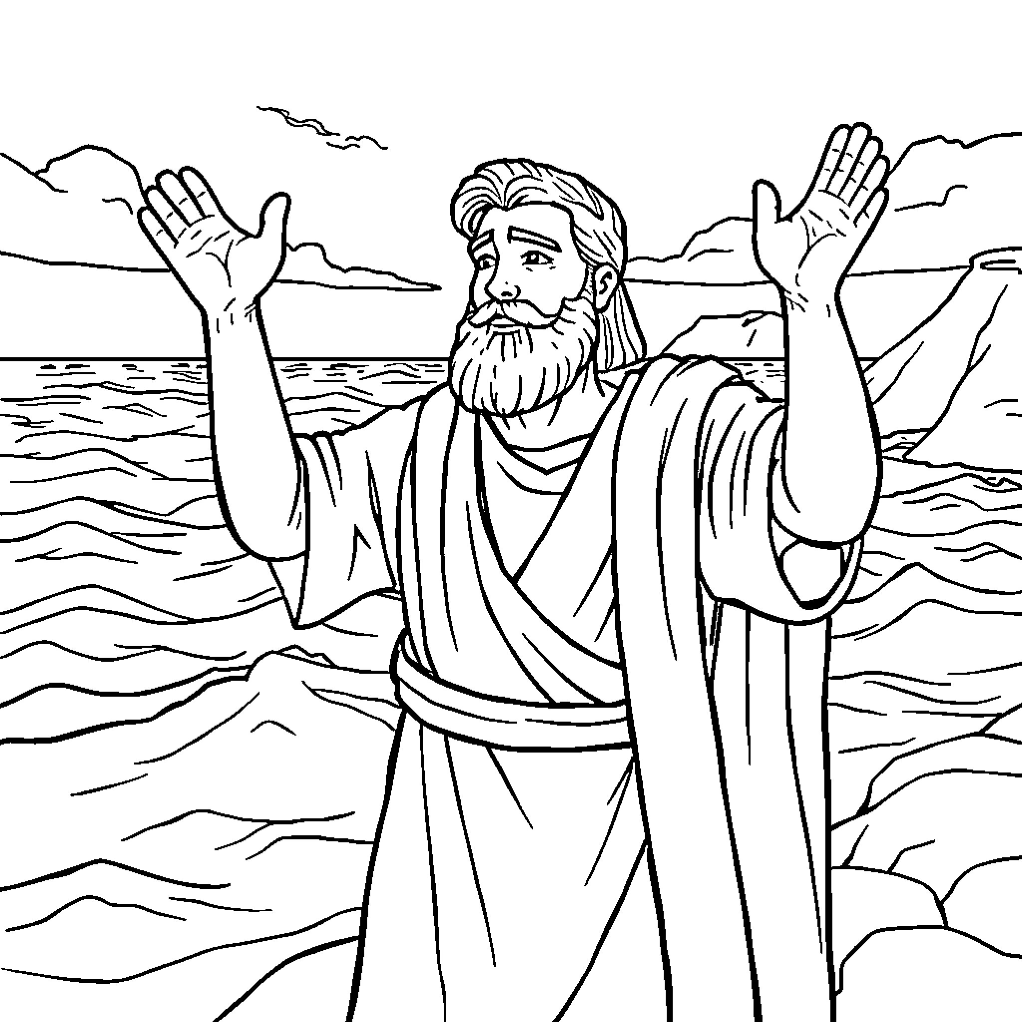 Moses parting the sea with outstretched hands Coloring Page (free black-and-white line drawing printable PDF for all, from beginners to advanced learners, including children, teens, adults, and seniors)