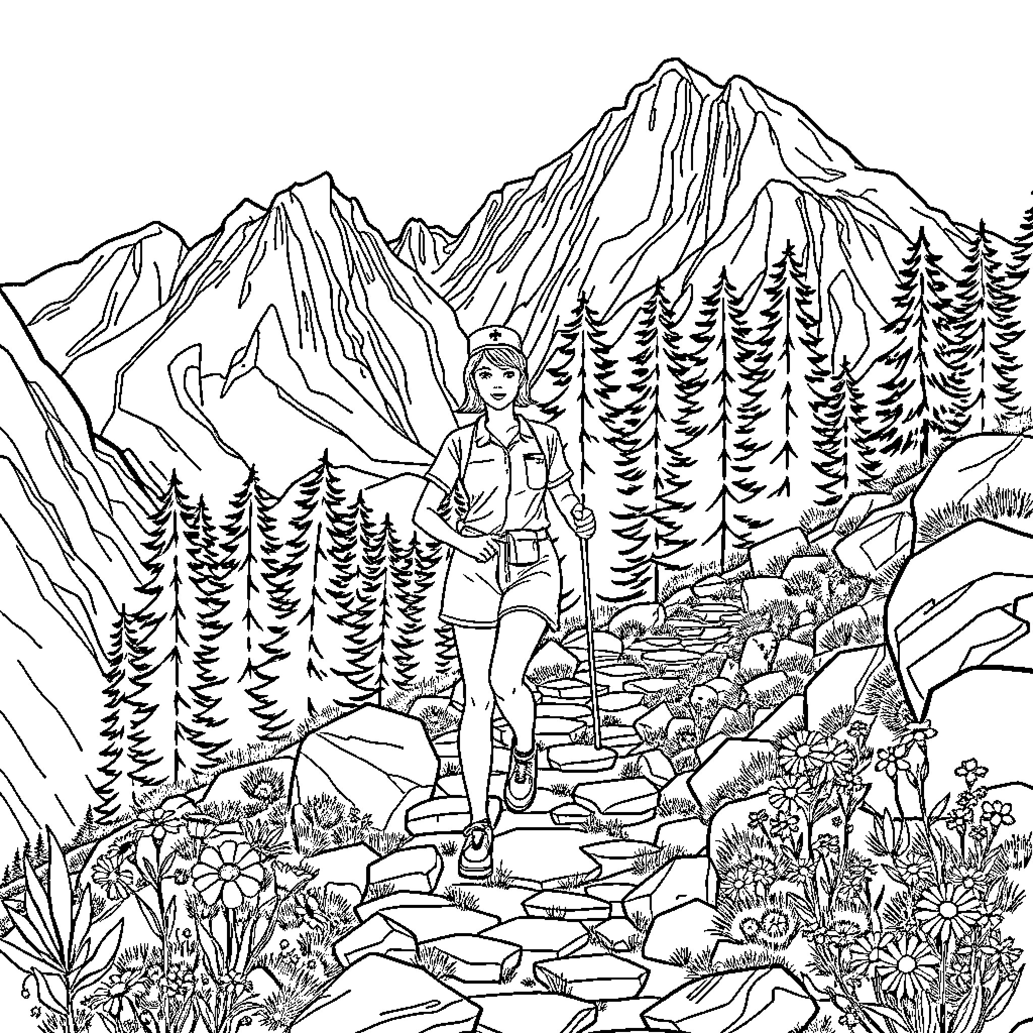 Nurse Hiking Through Rugged Mountain Terrain Coloring Page (free black-and-white line drawing printable PDF for all, from beginners to advanced learners, including children, teens, adults, and seniors)