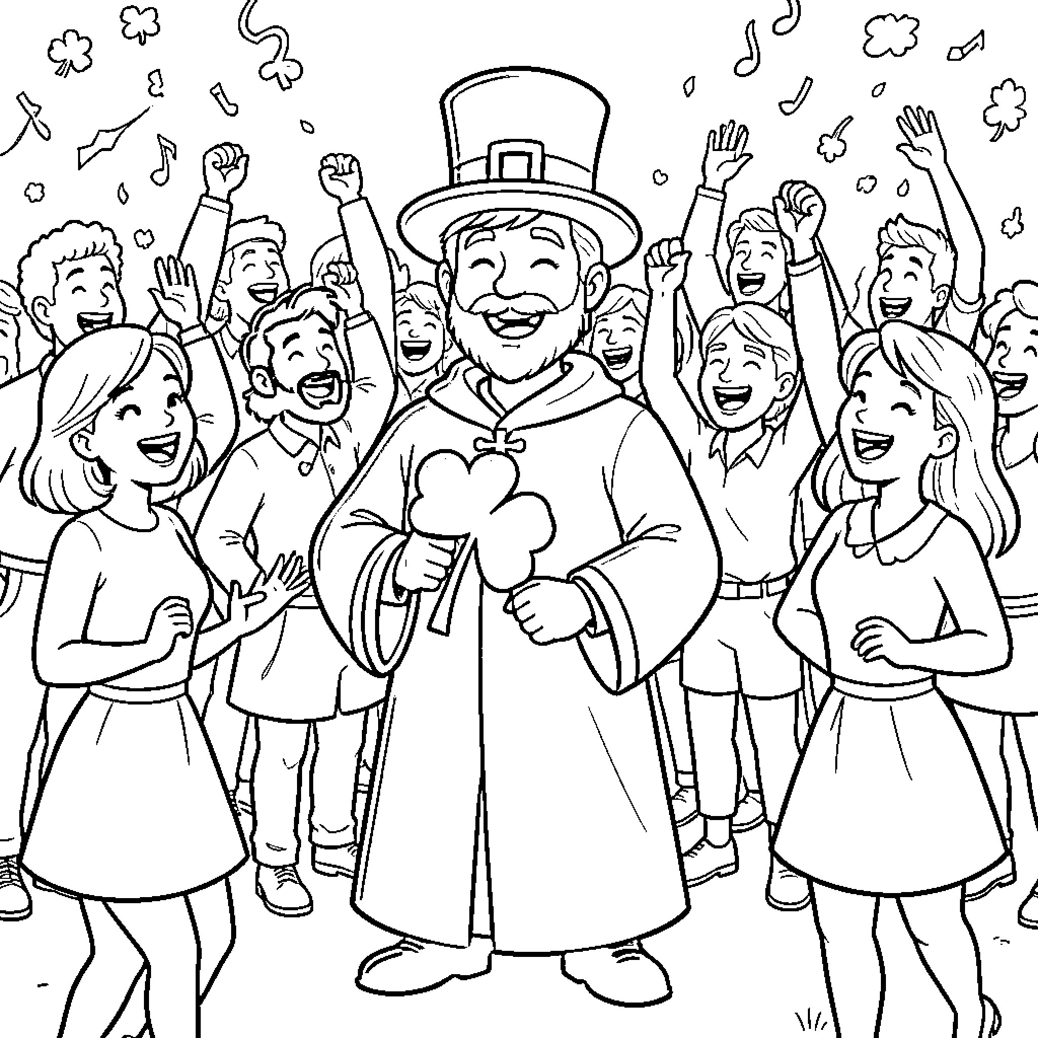 St. Patrick's Day Celebration with Joyful People Coloring Page (free black-and-white line drawing printable PDF for all, from beginners to advanced learners, including children, teens, adults, and seniors)