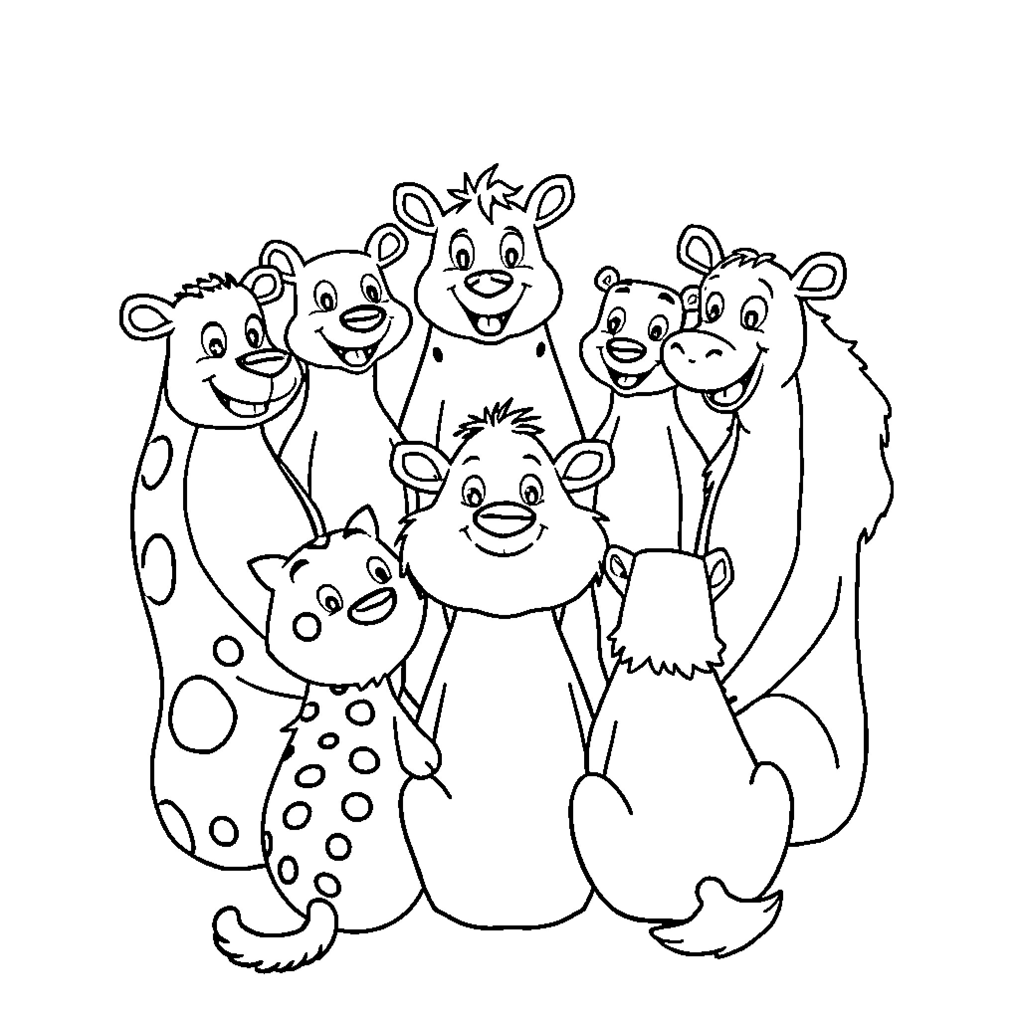 Animal friends in a group photo Coloring Page (free black-and-white line drawing printable PDF for all, from beginners to advanced learners, including children, teens, adults, and seniors)