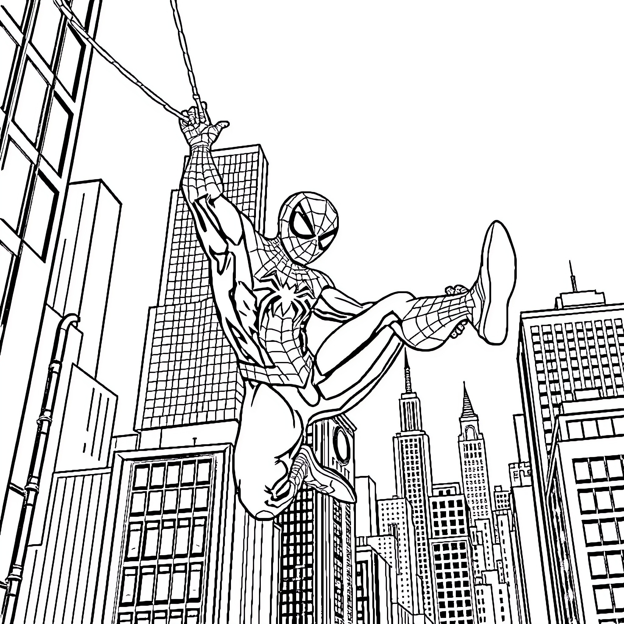 Spiderman swinging through the city skyline Coloring Page (free black-and-white line drawing printable PDF for all, from beginners to advanced learners, including children, teens, adults, and seniors)
