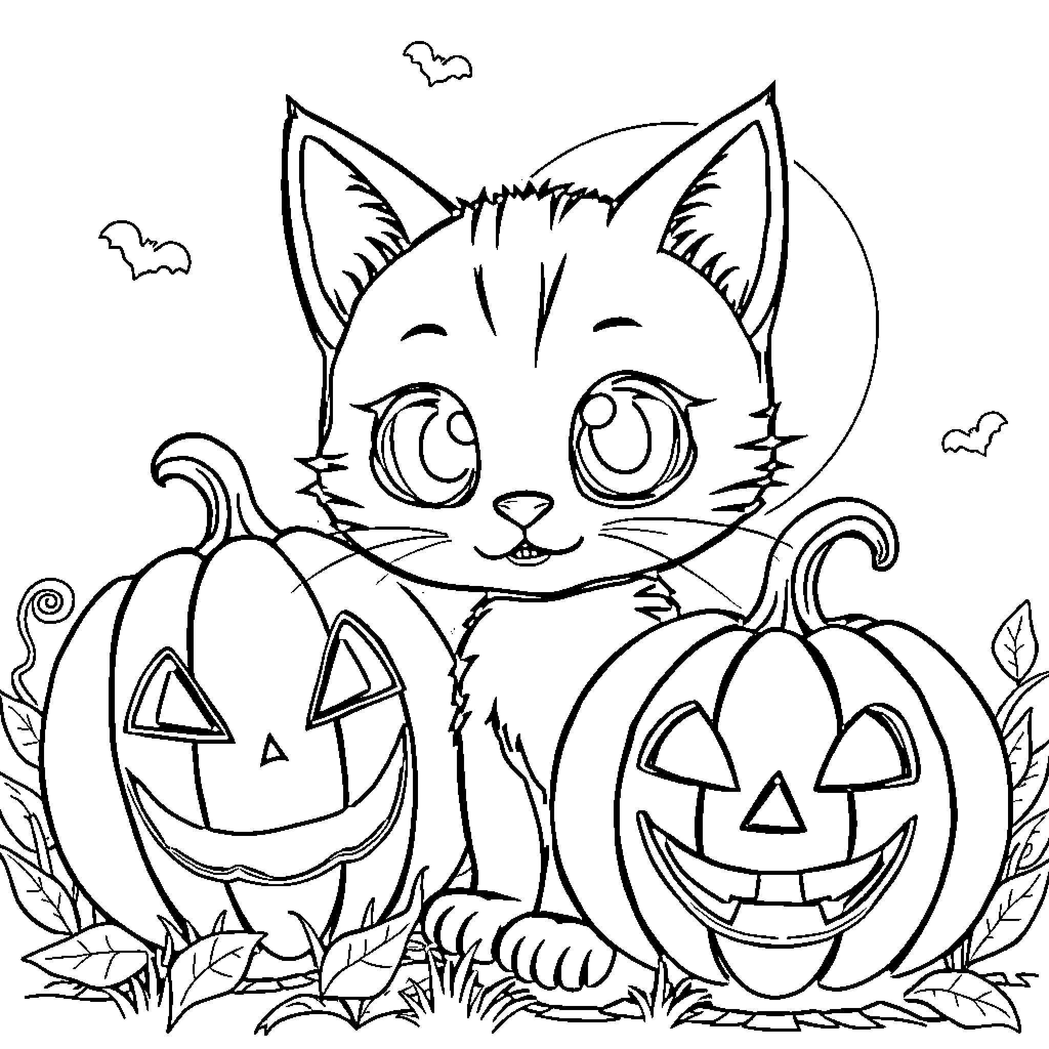 Cat with Halloween pumpkins and bats Coloring Page (free black-and-white line drawing printable PDF for all, from beginners to advanced learners, including children, teens, adults, and seniors)