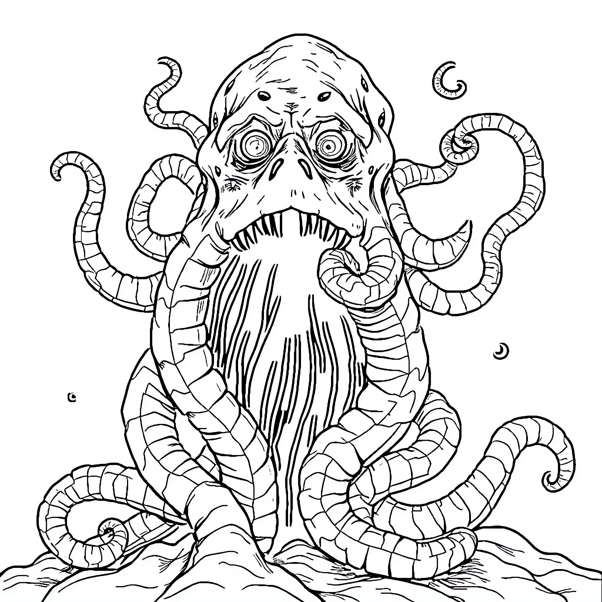 Hydraboa: Fearsome Creature with Tentacles and Menacing Expression Coloring Page (free black-and-white line drawing printable PDF for all, from beginners to advanced learners, including children, teens, adults, and seniors)