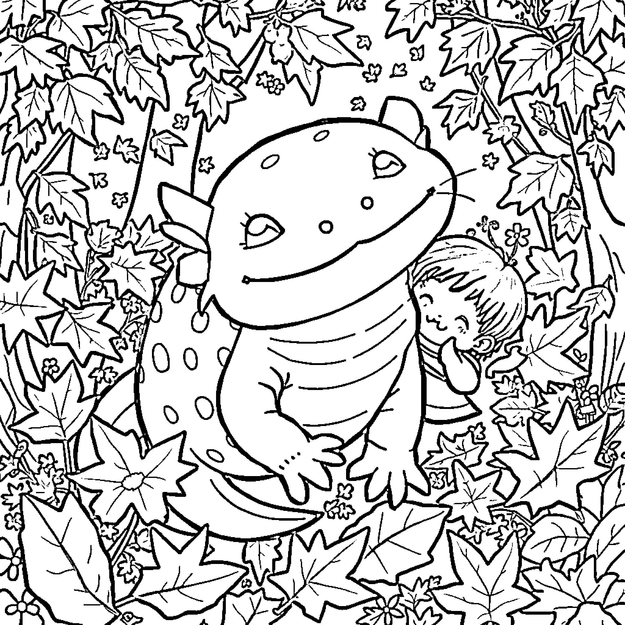 Axolotl exploring the autumn leaves Coloring Page (free black-and-white line drawing printable PDF for all, from beginners to advanced learners, including children, teens, adults, and seniors)