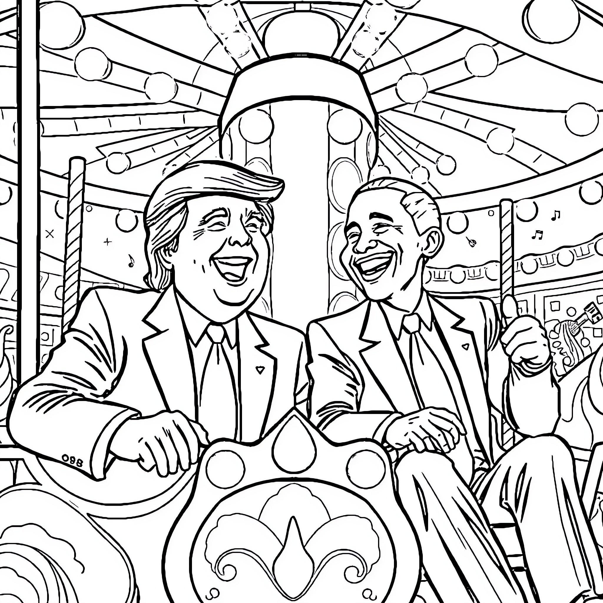 Donald Trump and Barack Obama Sharing a Laugh Coloring Page (free black-and-white line drawing printable PDF for all, from beginners to advanced learners, including children, teens, adults, and seniors)
