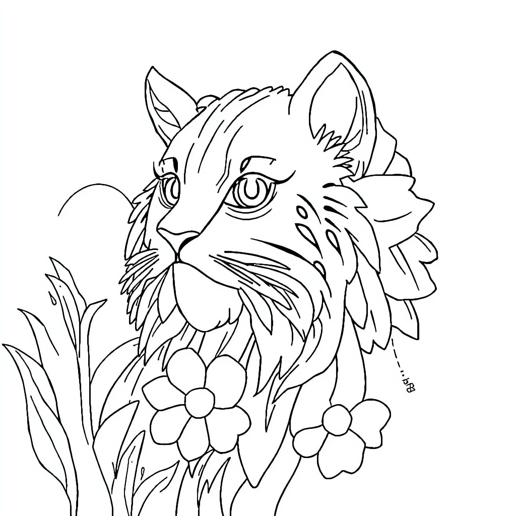 Dragon with Floral Features in a Meadow Coloring Page (free black-and-white line drawing printable PDF for all, from beginners to advanced learners, including children, teens, adults, and seniors)