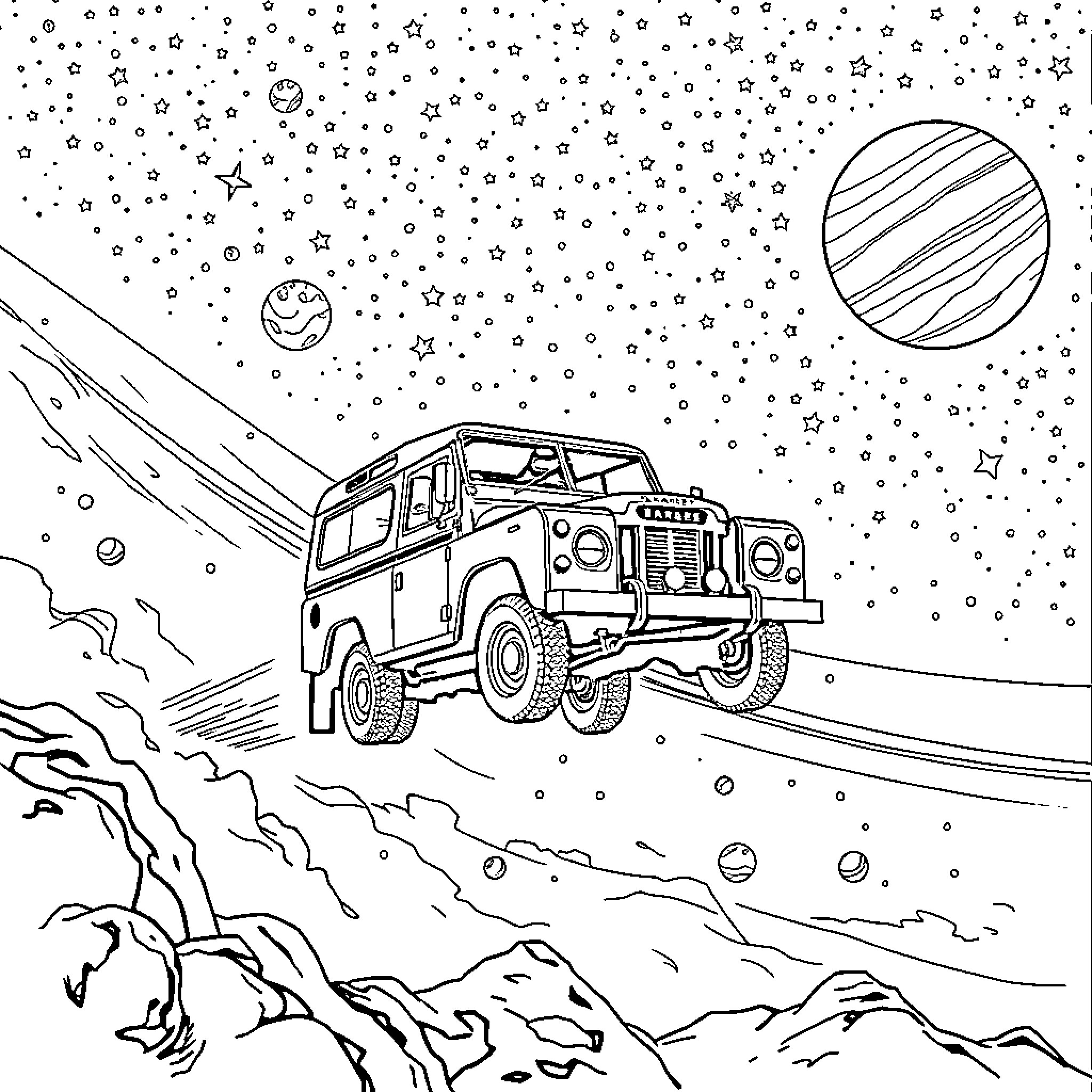 Land Rover exploring the galaxy under the stars Coloring Page (free black-and-white line drawing printable PDF for all, from beginners to advanced learners, including children, teens, adults, and seniors)