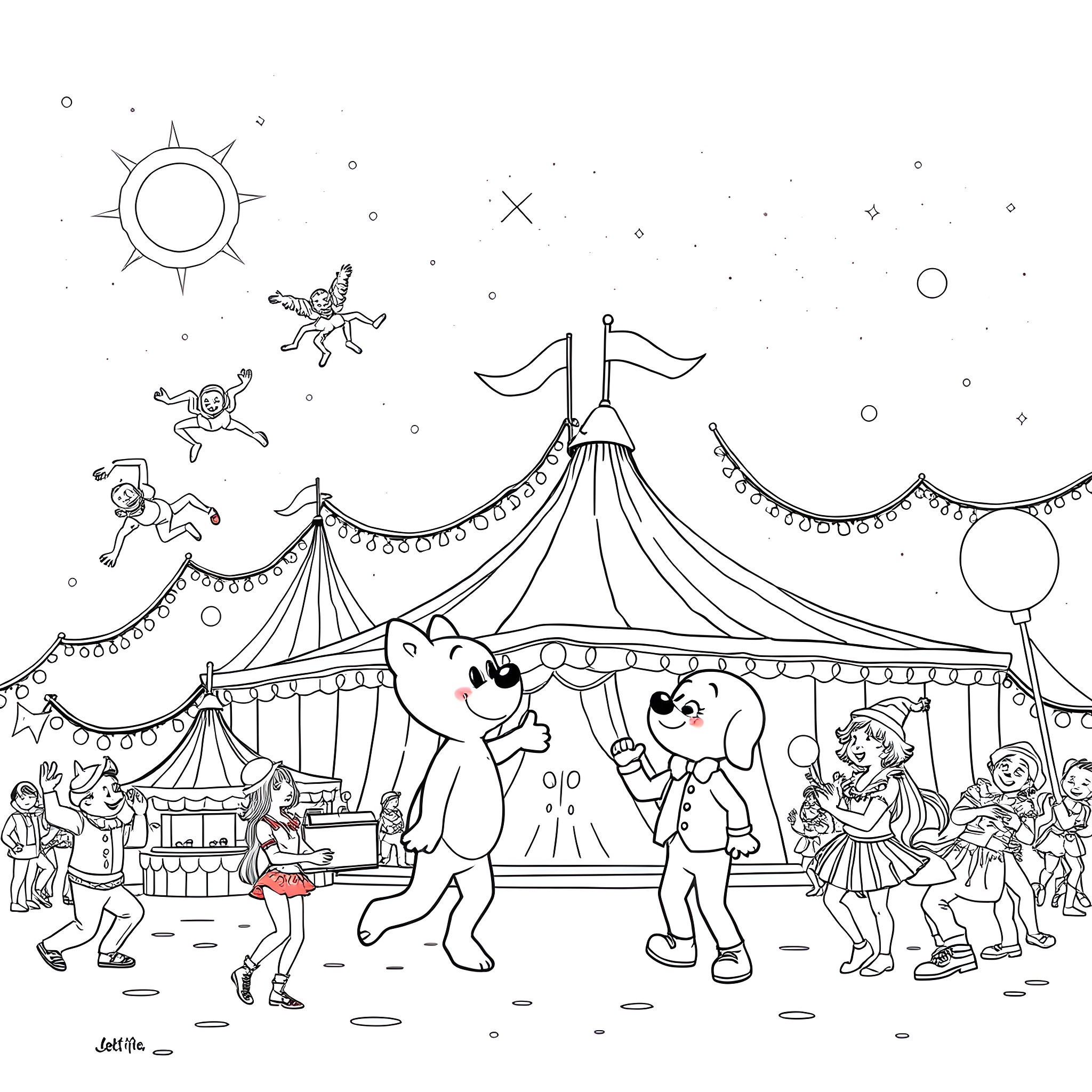 Bluey and Friends Enjoy the Circus Performance Coloring Page (free black-and-white line drawing printable PDF for all, from beginners to advanced learners, including children, teens, adults, and seniors)