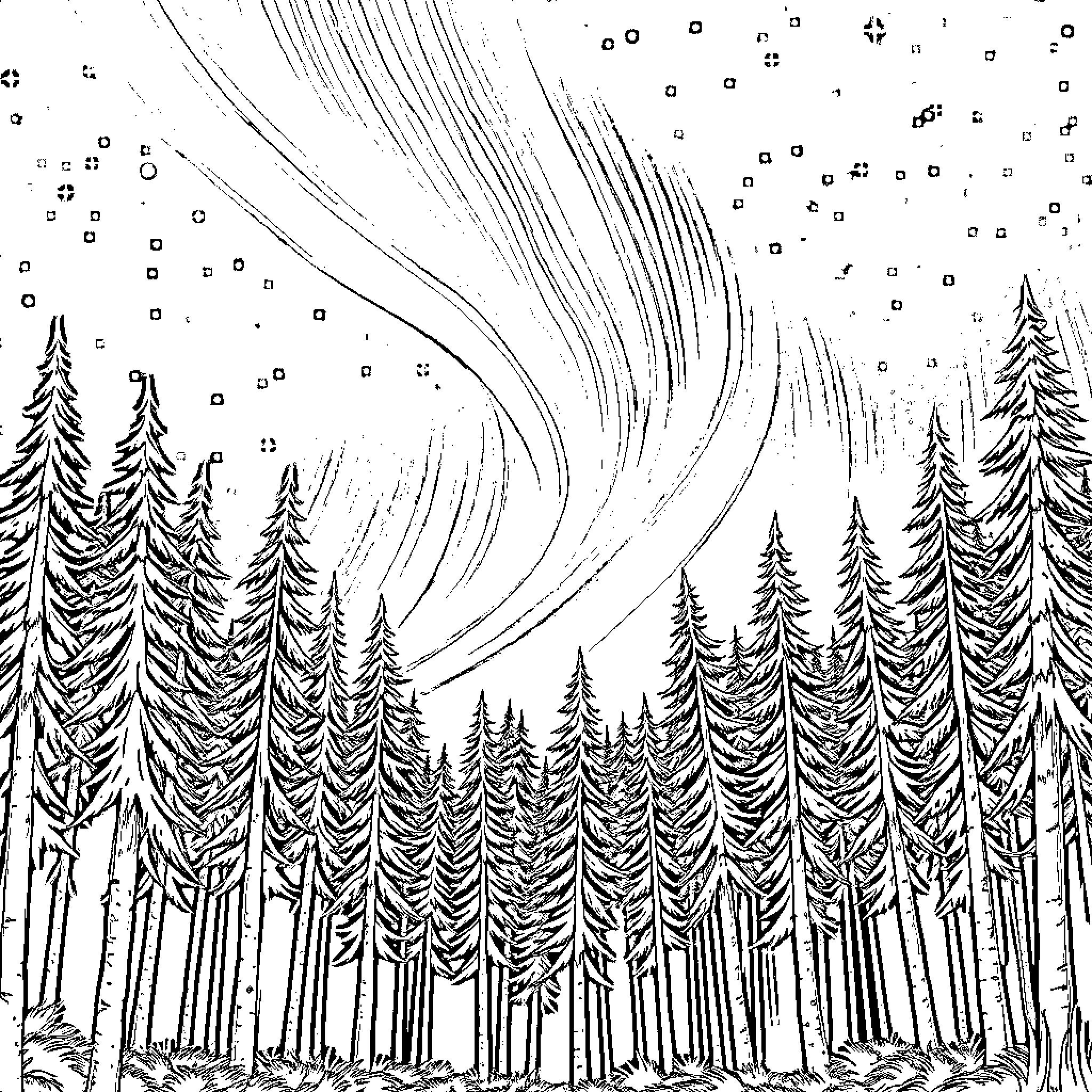Forest Landscape with Flowing Aurora Coloring Page (free black-and-white line drawing printable PDF for all, from beginners to advanced learners, including children, teens, adults, and seniors)