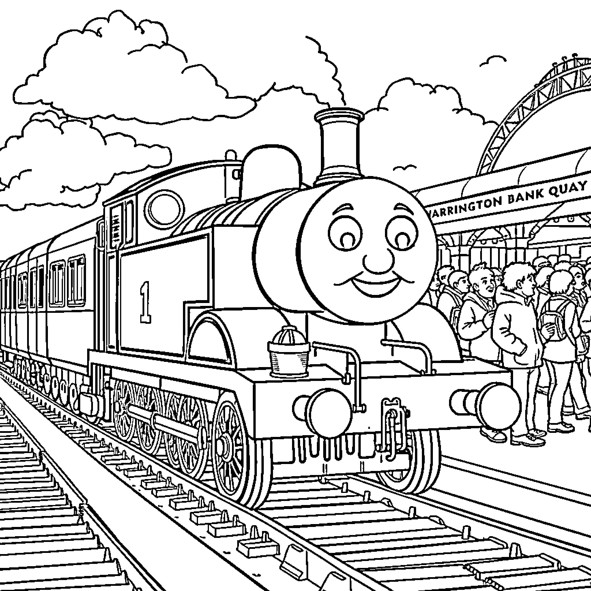 Thomas the Train's Cheerful Journey at the Station Coloring Page (free black-and-white line drawing printable PDF for all, from beginners to advanced learners, including children, teens, adults, and seniors)