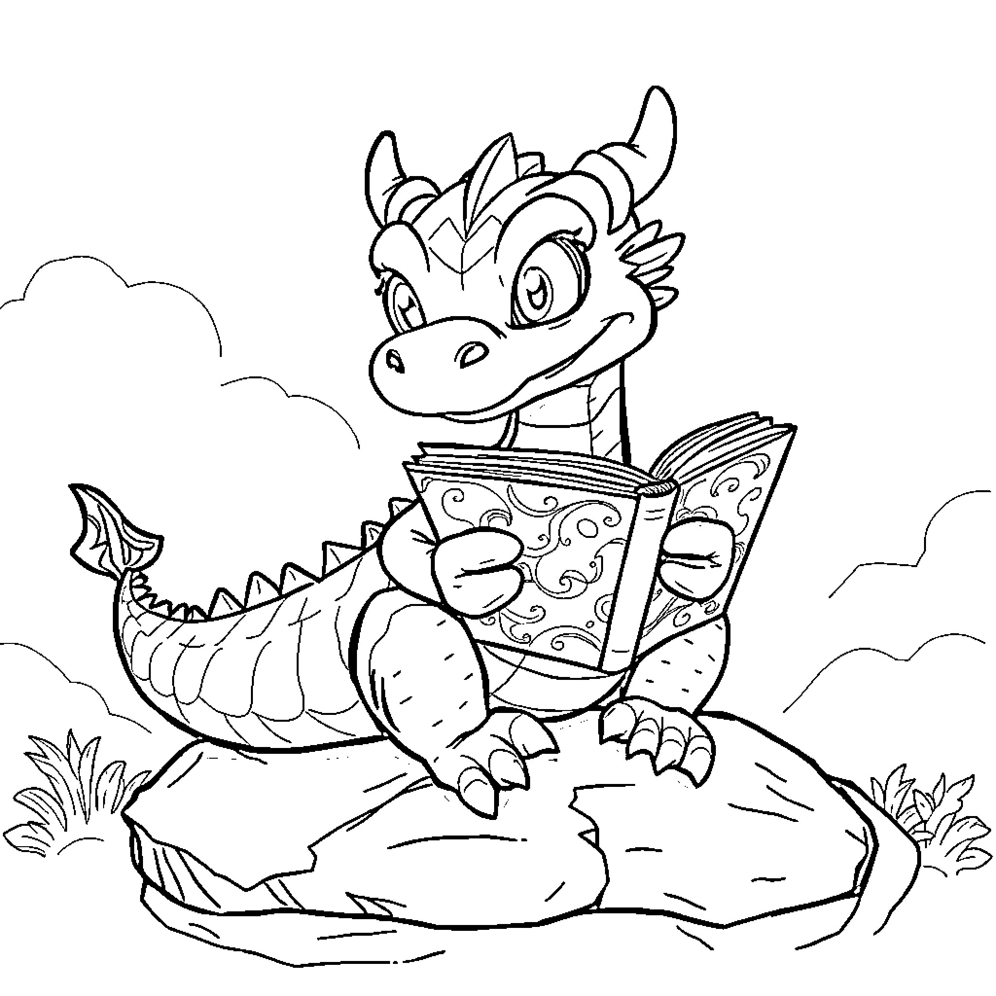 Dragon Reading a Magical Book in Nature Coloring Page (free black-and-white line drawing printable PDF for all, from beginners to advanced learners, including children, teens, adults, and seniors)