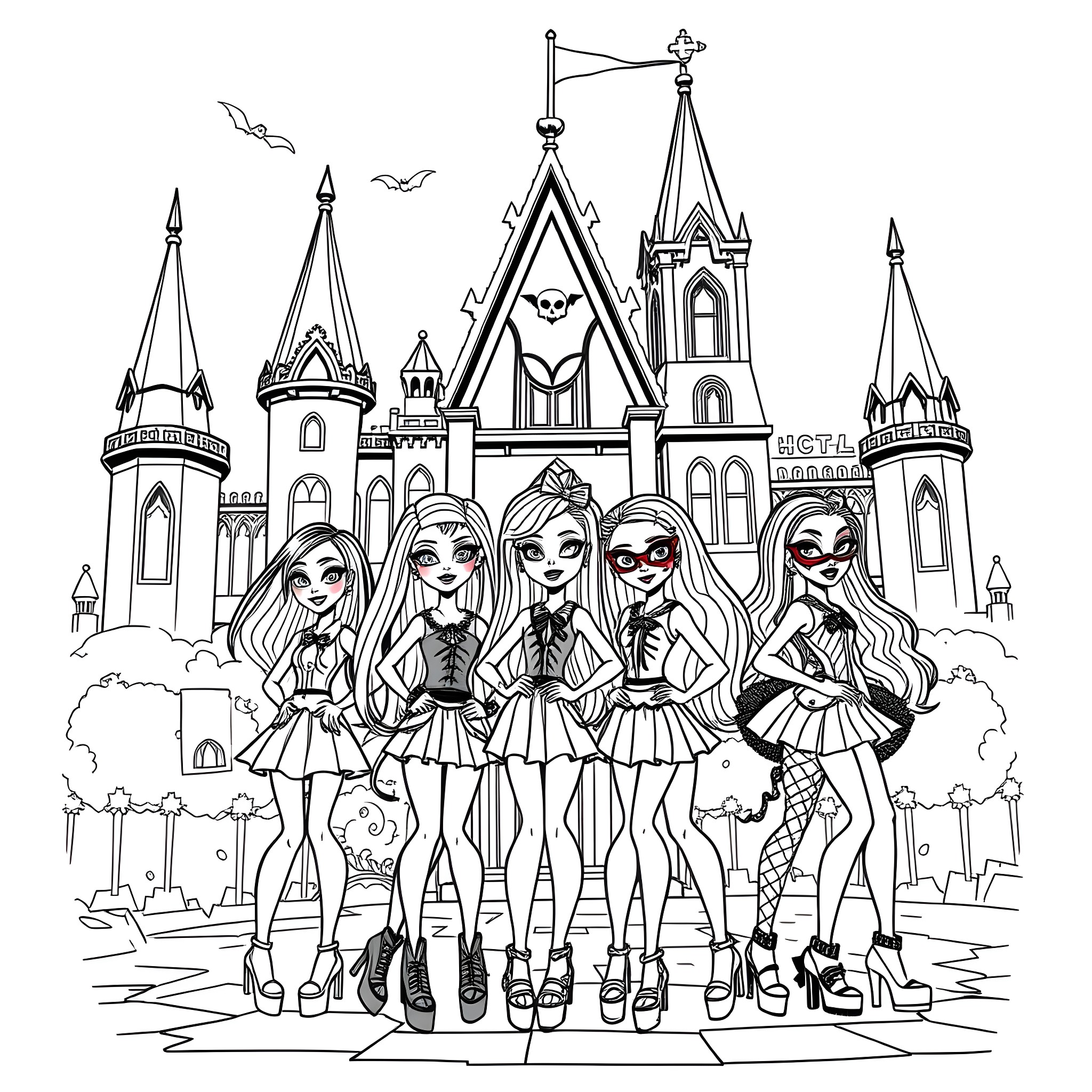 Monster High Cheerleaders in Front of Spooky Castle Coloring Page (free black-and-white line drawing printable PDF for all, from beginners to advanced learners, including children, teens, adults, and seniors)