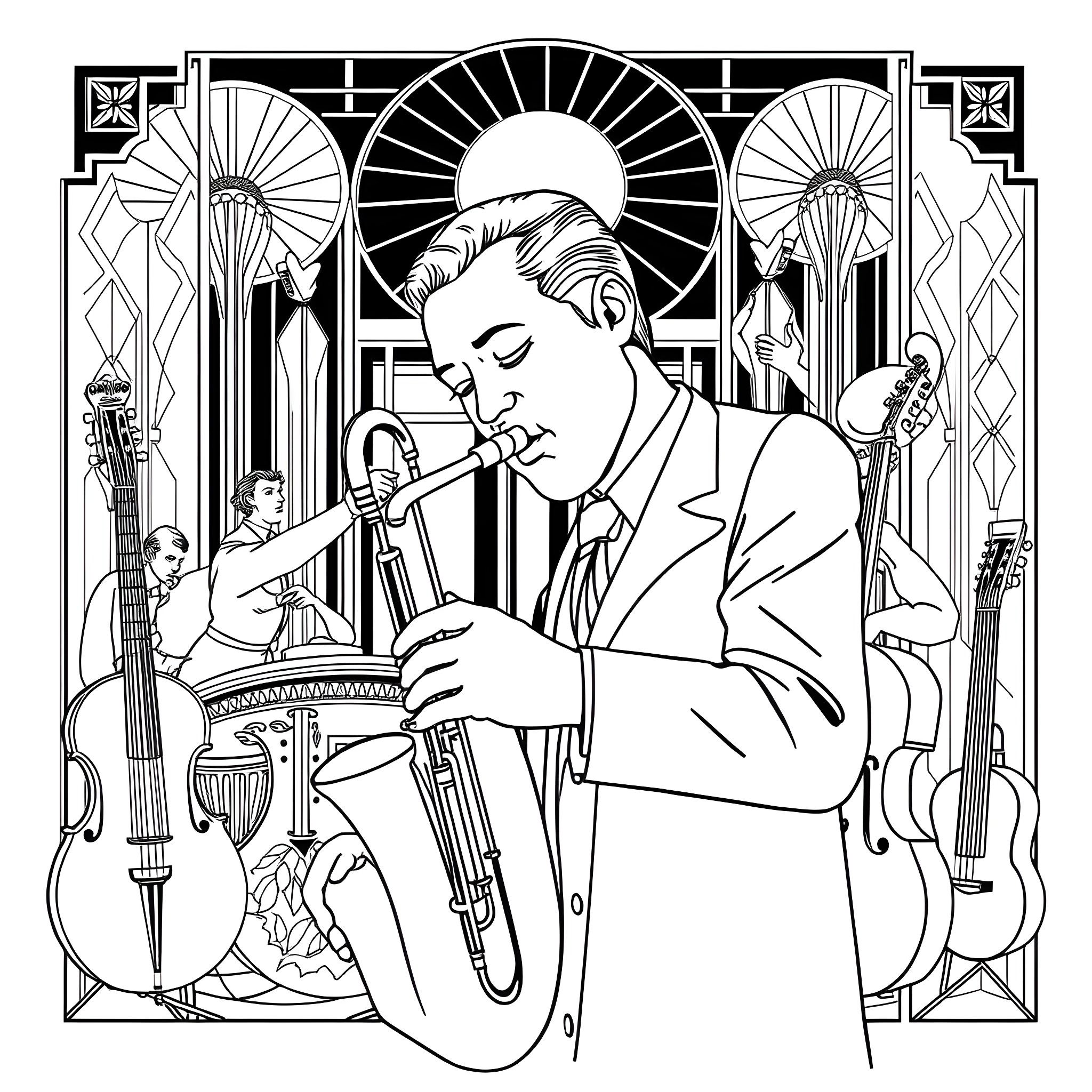 Bix Beiderbecke performing jazz music on stage Coloring Page (free black-and-white line drawing printable PDF for all, from beginners to advanced learners, including children, teens, adults, and seniors)