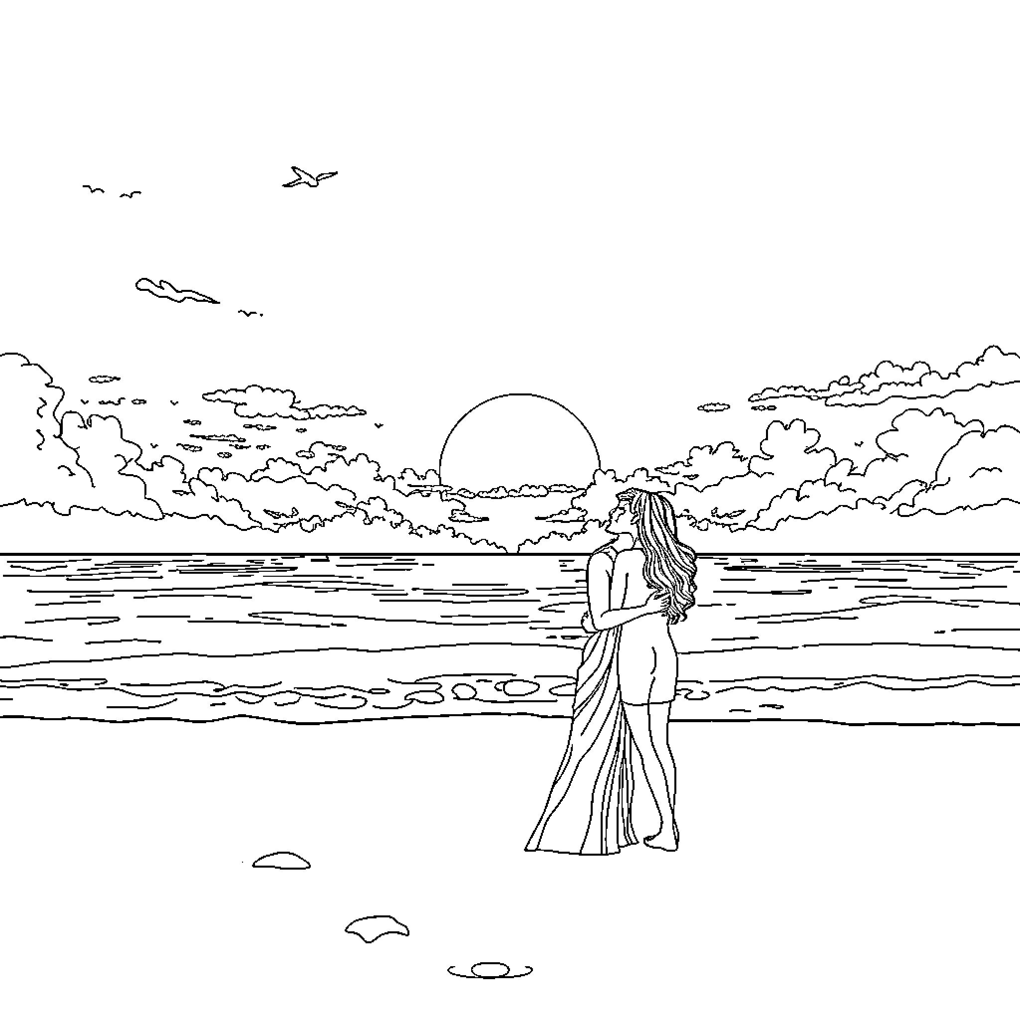 Pareja mirando al océano al atardecer Coloring Page (free black-and-white line drawing printable PDF for all, from beginners to advanced learners, including children, teens, adults, and seniors)