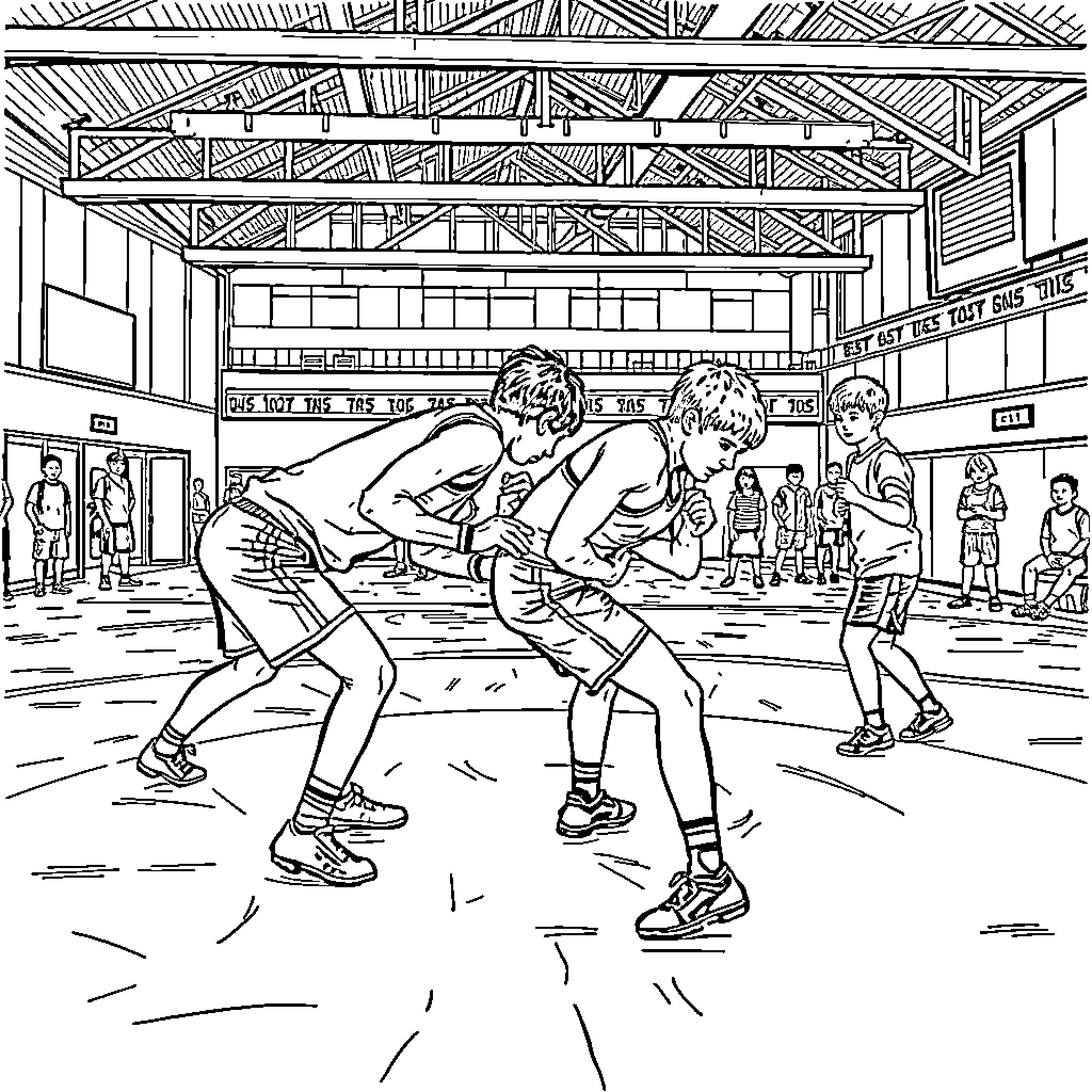 Wrestling match in an indoor arena Coloring Page (free black-and-white line drawing printable PDF for all, from beginners to advanced learners, including children, teens, adults, and seniors)