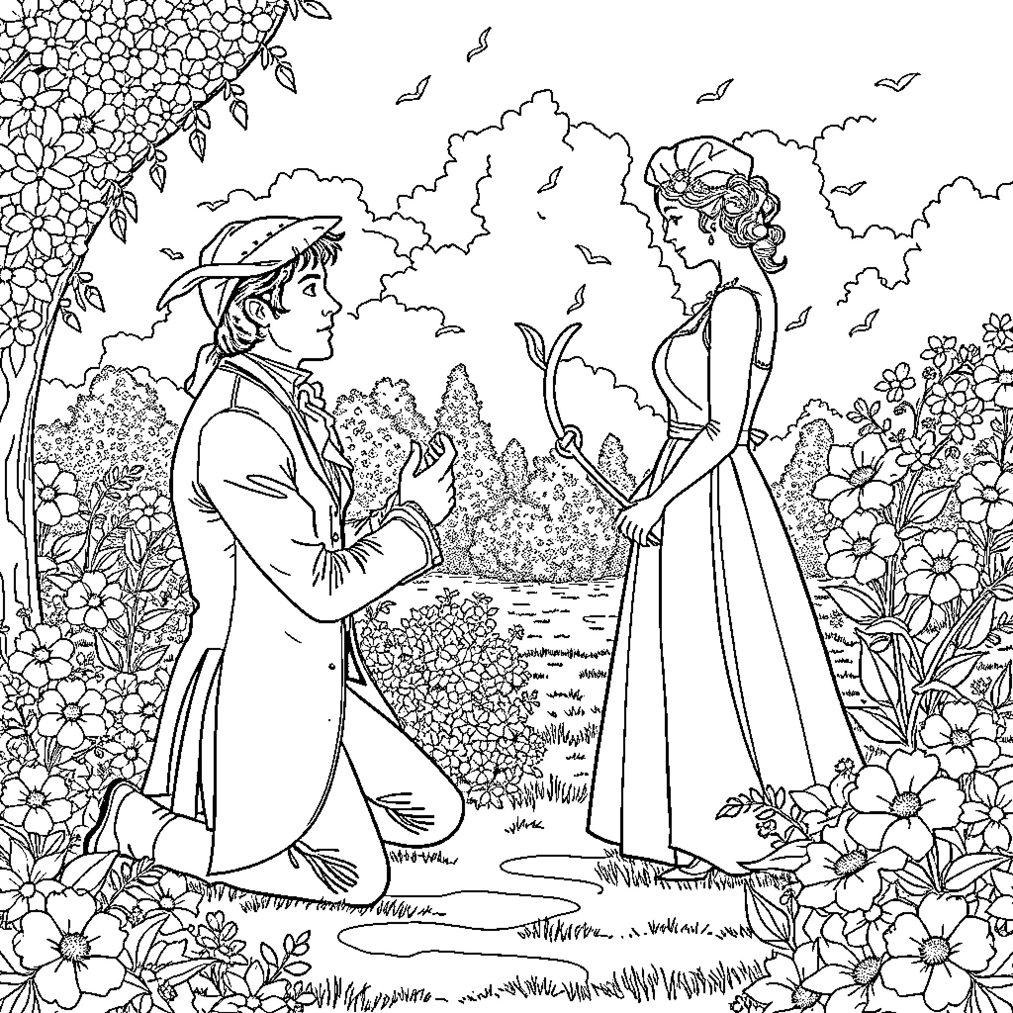 Mr. Darcy proposing to Elizabeth in an enchanted garden Coloring Page (free black-and-white line drawing printable PDF for all, from beginners to advanced learners, including children, teens, adults, and seniors)
