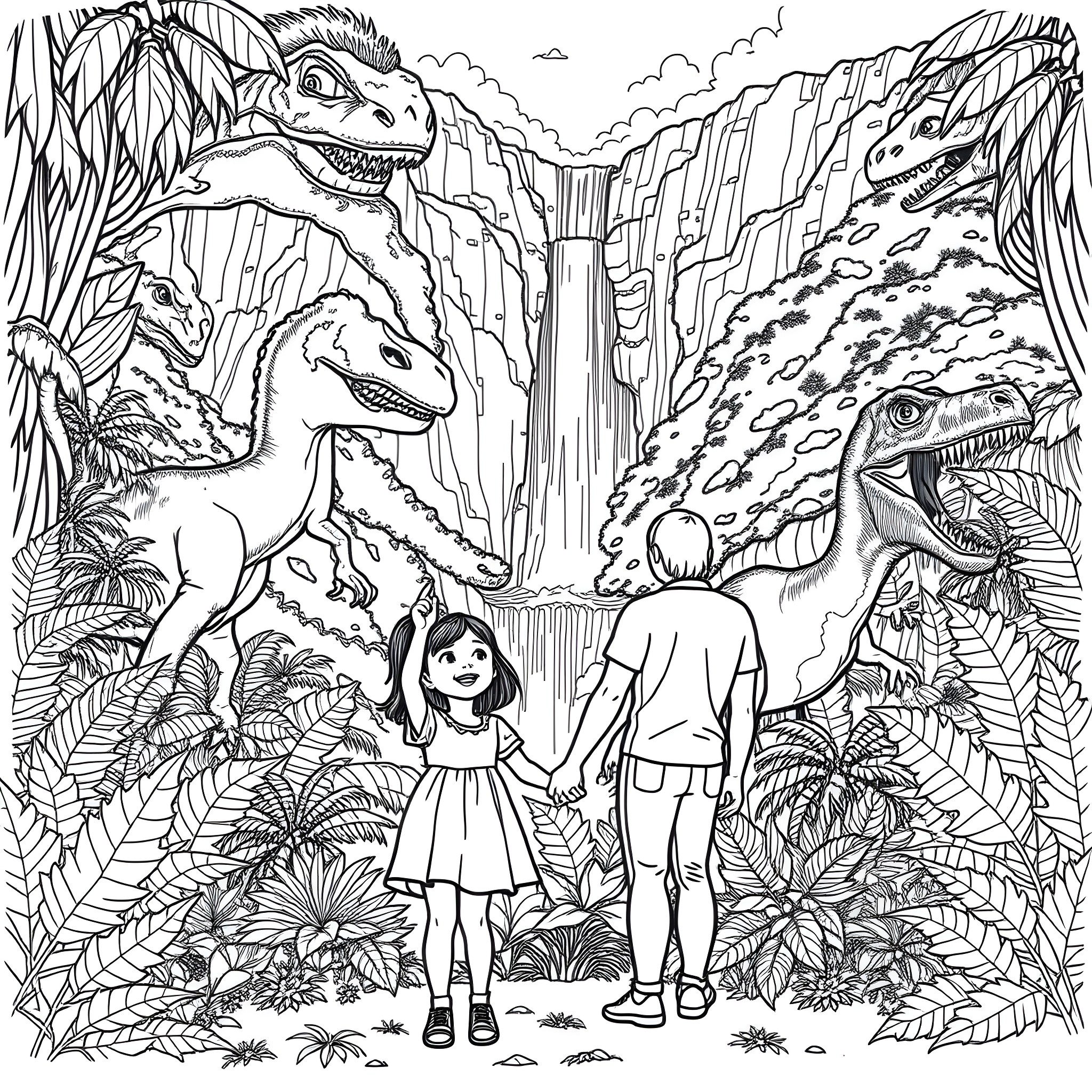 Girl and Boy Exploring Prehistoric Jungle Landscape Coloring Page (free black-and-white line drawing printable PDF for all, from beginners to advanced learners, including children, teens, adults, and seniors)