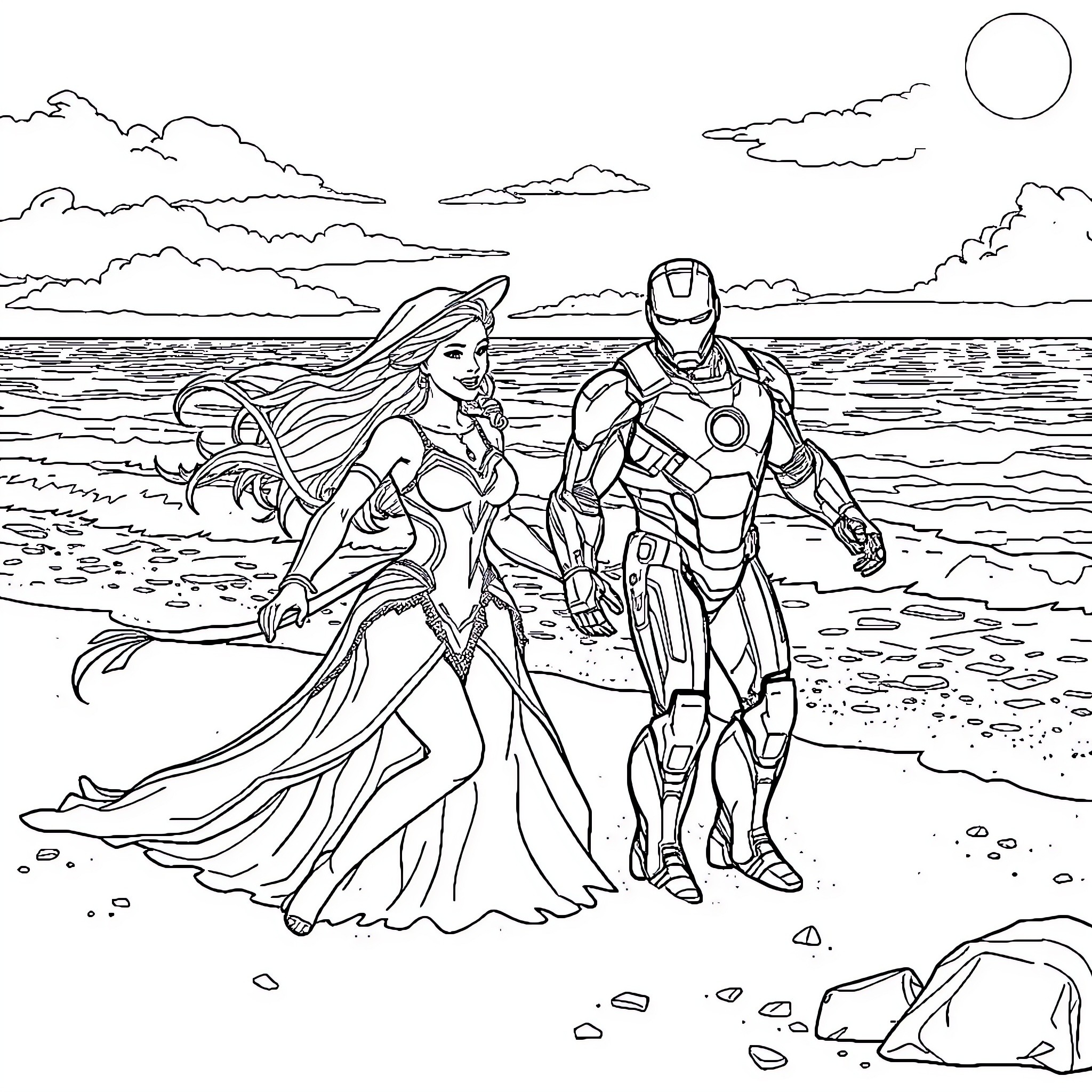 Reine des Neiges: Heroes at the Seaside Coloring Page (free black-and-white line drawing printable PDF for all, from beginners to advanced learners, including children, teens, adults, and seniors)