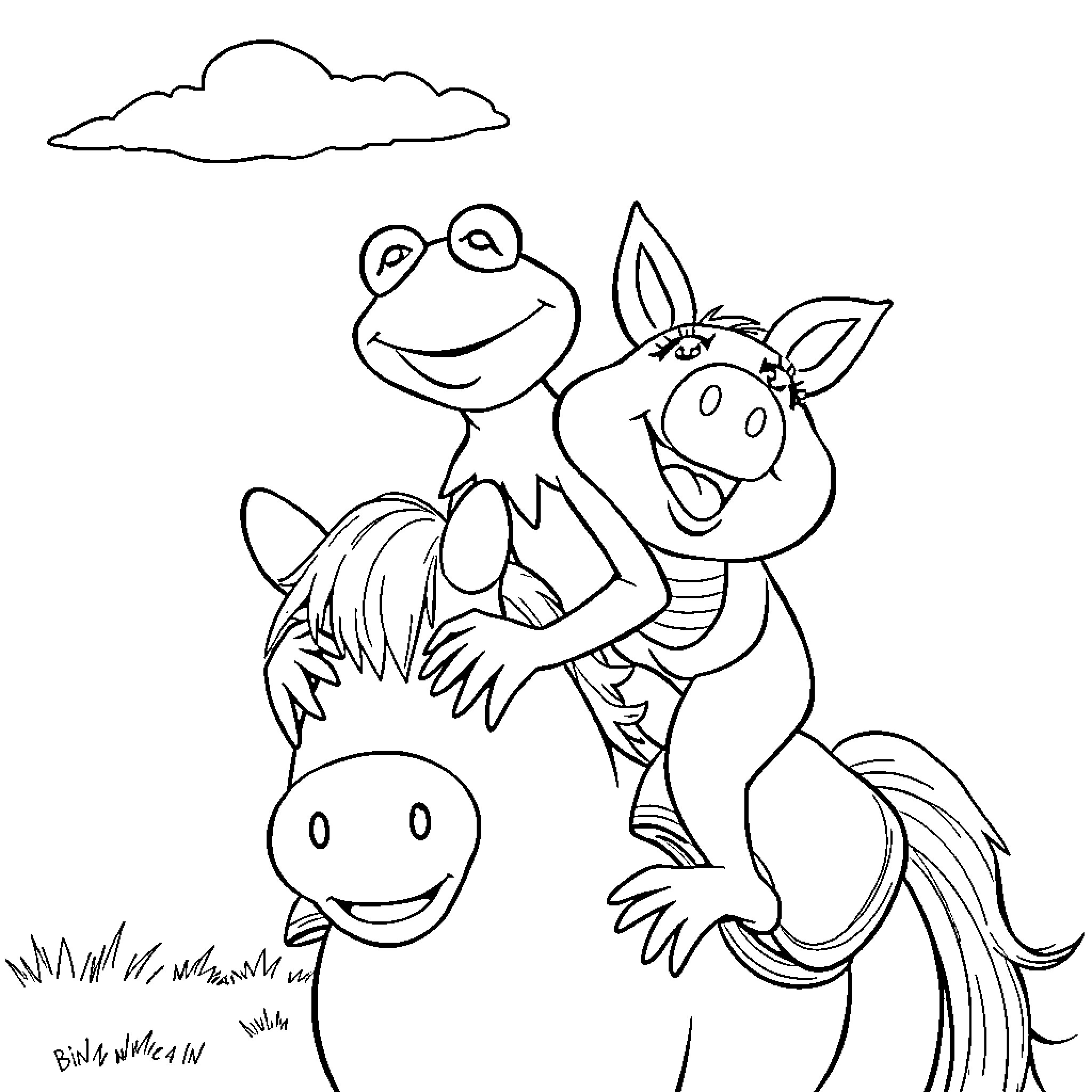 Kermit and Piggy playing together in the field Coloring Page (free black-and-white line drawing printable PDF for all, from beginners to advanced learners, including children, teens, adults, and seniors)