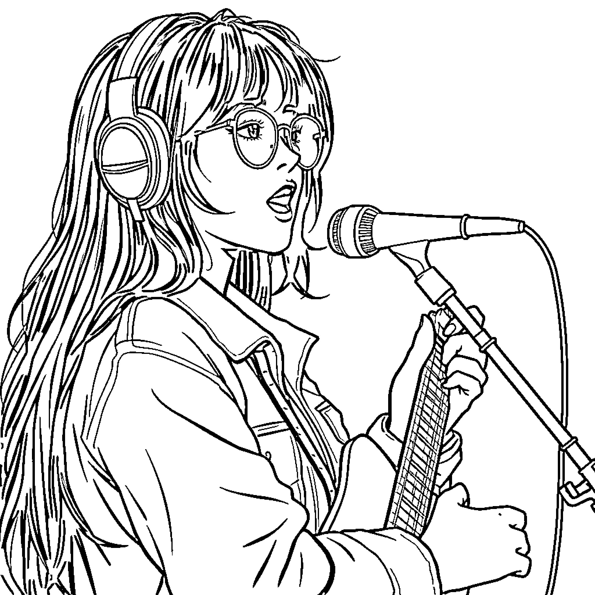 Kpop Hunter Singing Into Microphone with Headphones Coloring Page (free black-and-white line drawing printable PDF for all, from beginners to advanced learners, including children, teens, adults, and seniors)