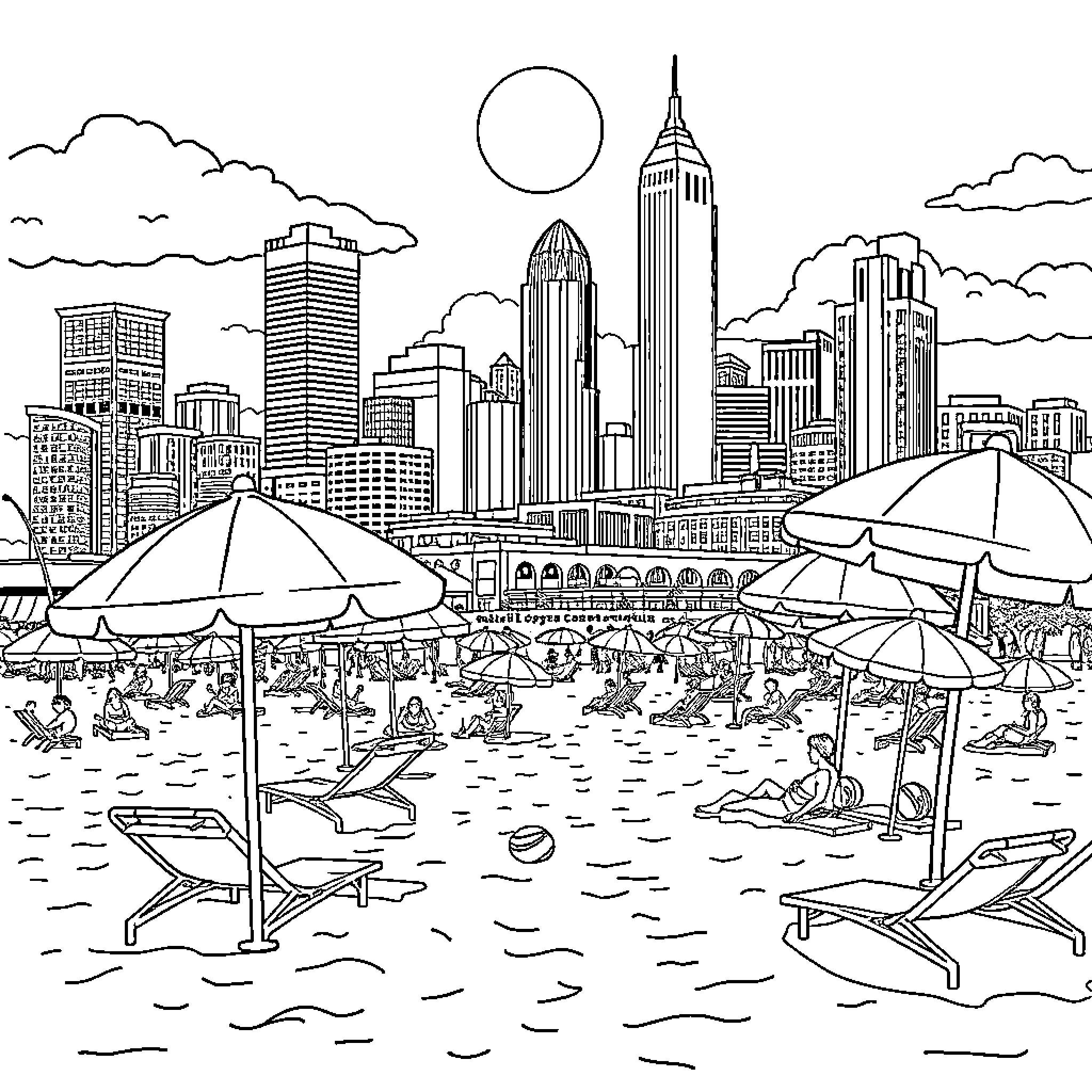 Atlanta cityscape with people enjoying summer activities Coloring Page (free black-and-white line drawing printable PDF for all, from beginners to advanced learners, including children, teens, adults, and seniors)