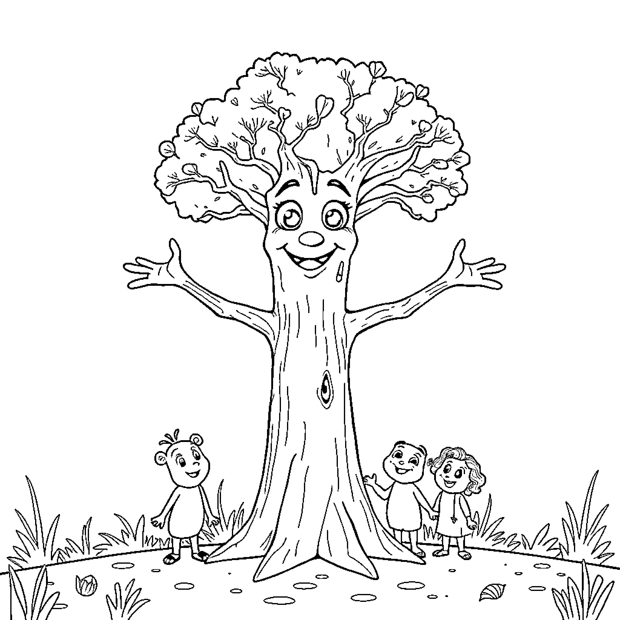 Tree with smiling kids and creatures in nature Coloring Page (free black-and-white line drawing printable PDF for all, from beginners to advanced learners, including children, teens, adults, and seniors)
