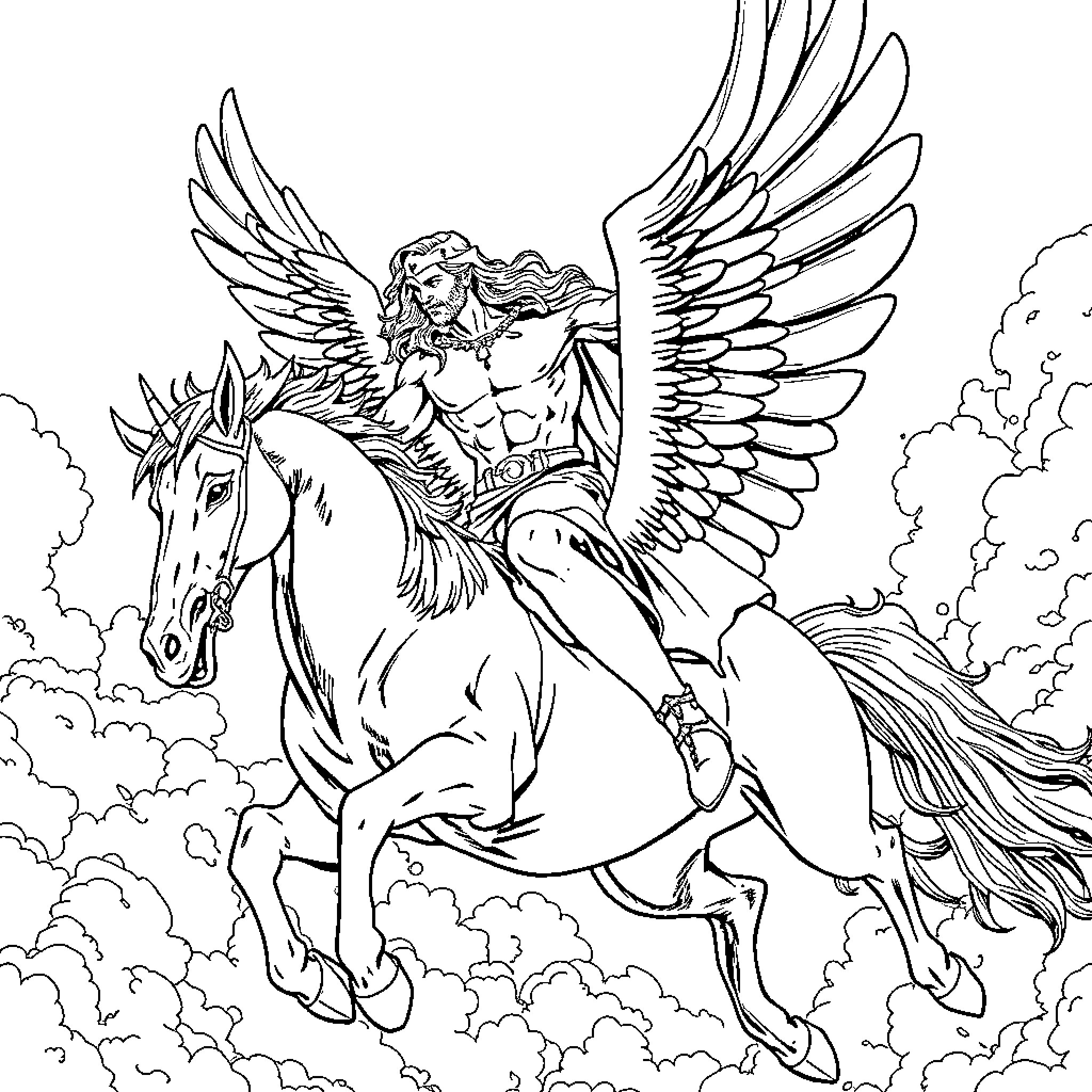 Thor's Majestic Flight on Winged Steed Coloring Page (free black-and-white line drawing printable PDF for all, from beginners to advanced learners, including children, teens, adults, and seniors)