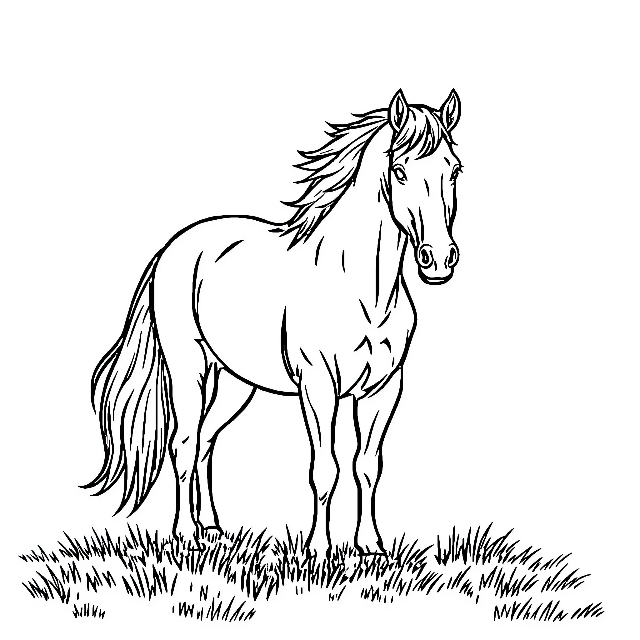 Horse standing in grassy field Coloring Page (free black-and-white line drawing printable PDF for all, from beginners to advanced learners, including children, teens, adults, and seniors)