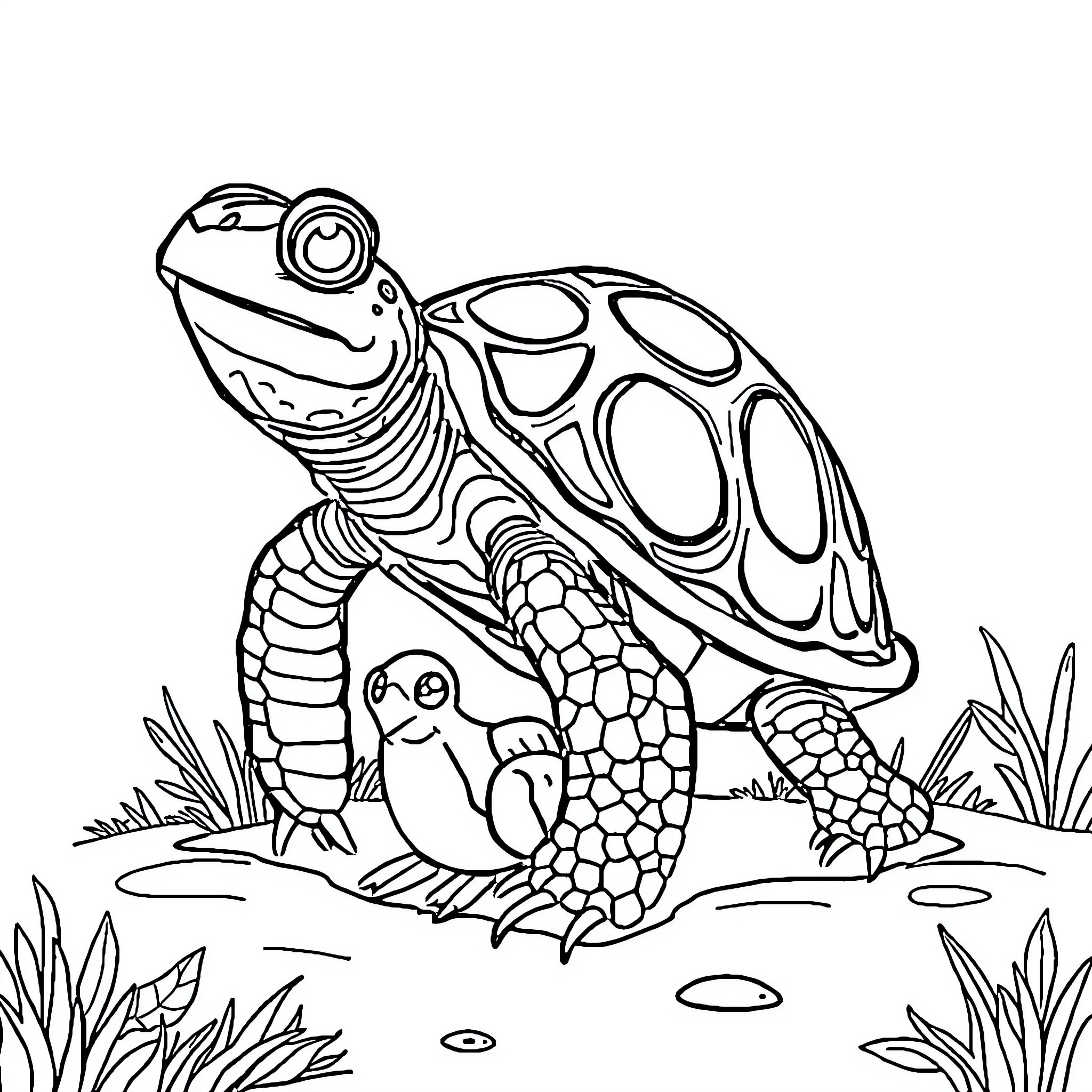 Schildkröte exploring the natural habitat Coloring Page (free black-and-white line drawing printable PDF for all, from beginners to advanced learners, including children, teens, adults, and seniors)