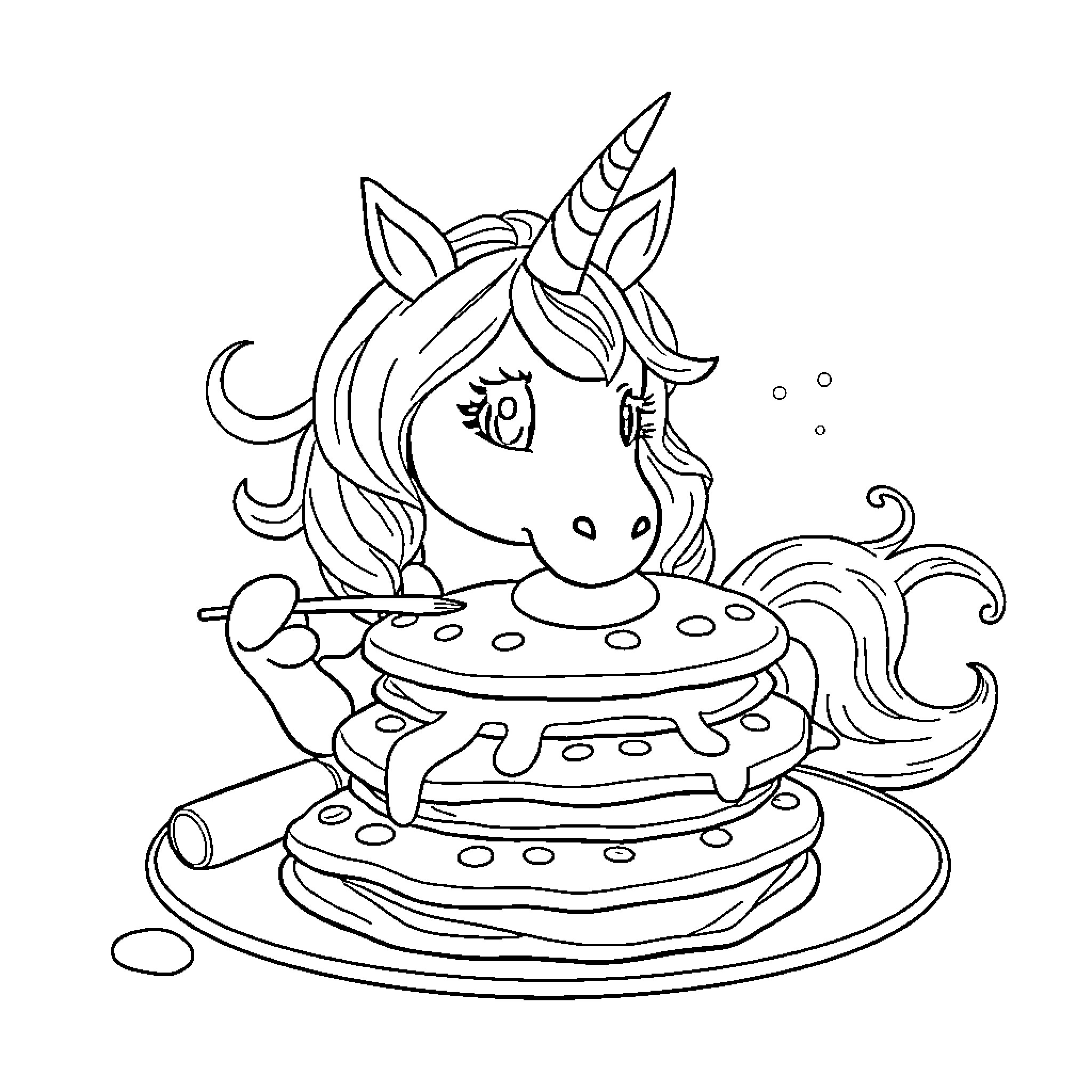 Unicorn enjoying a delightful birthday cake Coloring Page (free black-and-white line drawing printable PDF for all, from beginners to advanced learners, including children, teens, adults, and seniors)