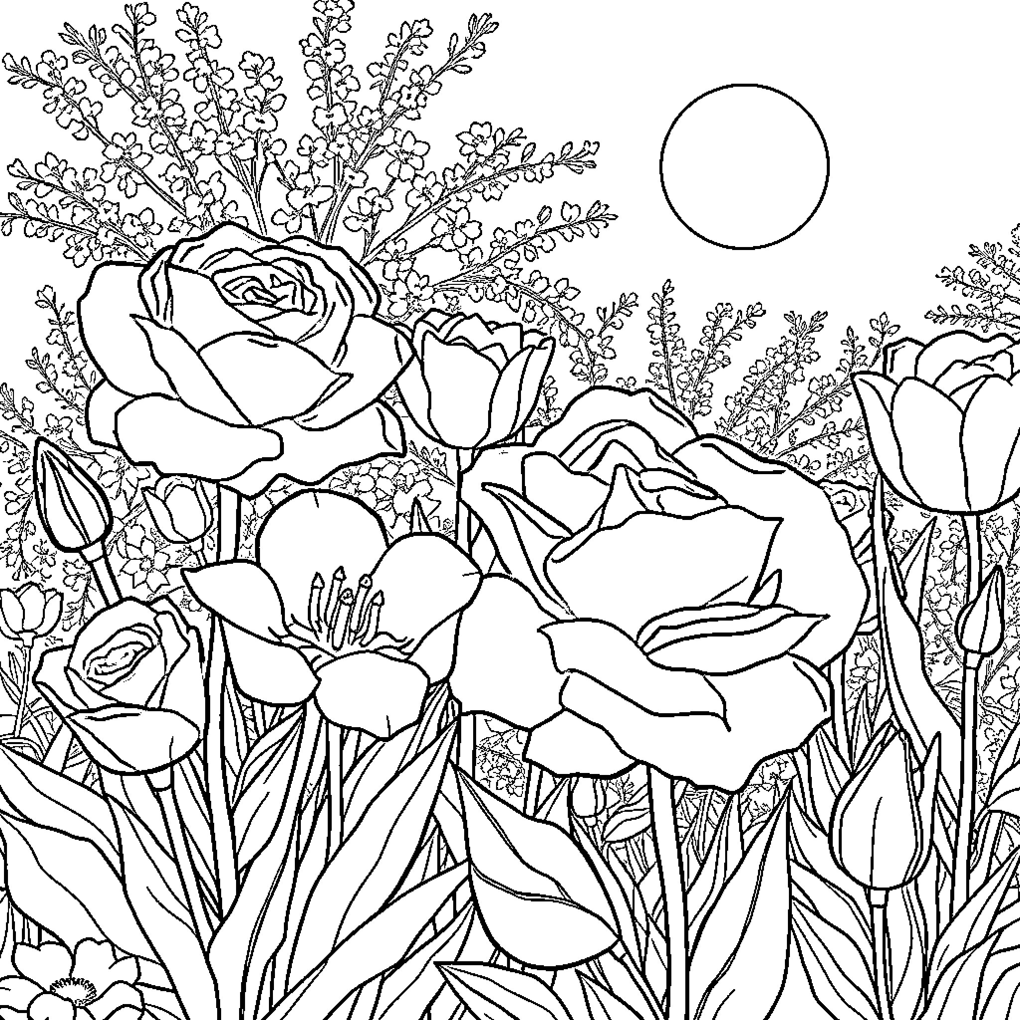 Rose Garden Filled with Blooming Flowers Coloring Page (free black-and-white line drawing printable PDF for all, from beginners to advanced learners, including children, teens, adults, and seniors)