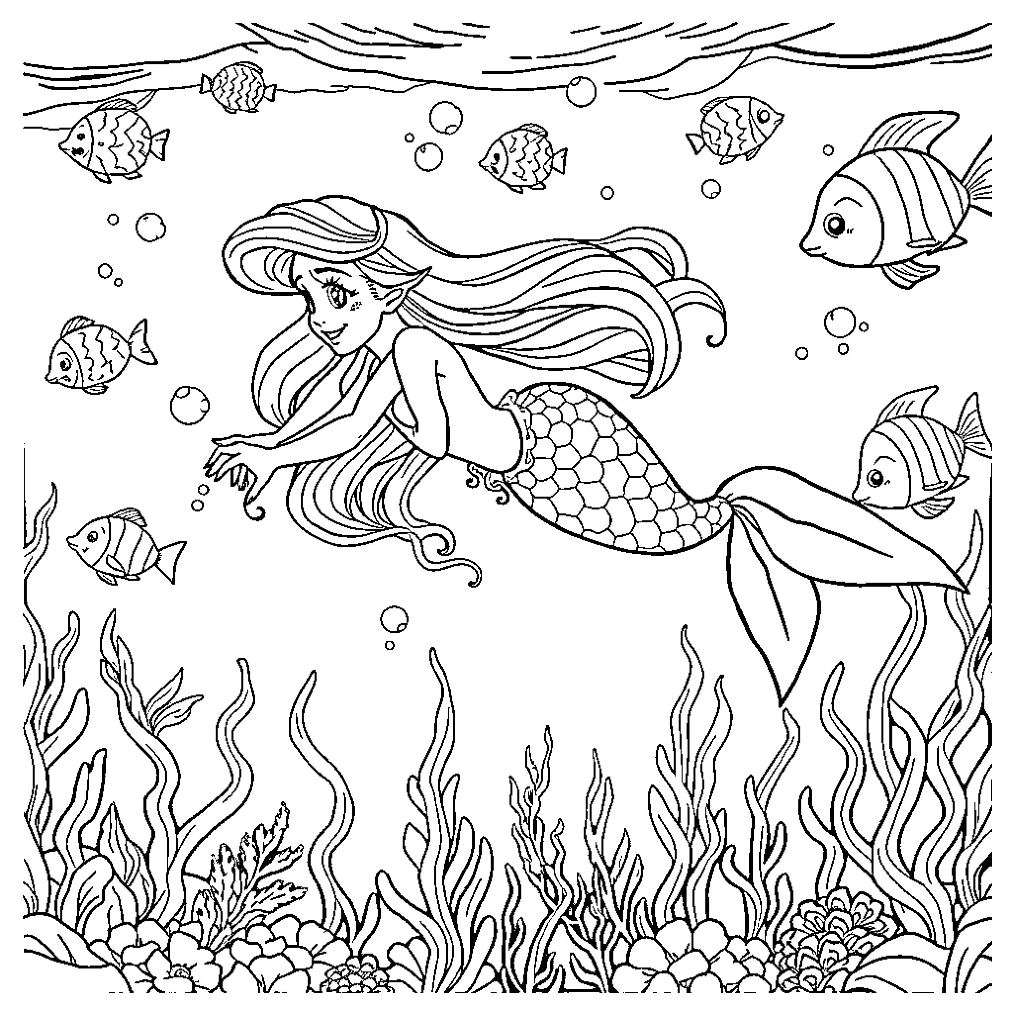 Mermaid exploring the underwater world with sea creatures Coloring Page (free black-and-white line drawing printable PDF for all, from beginners to advanced learners, including children, teens, adults, and seniors)