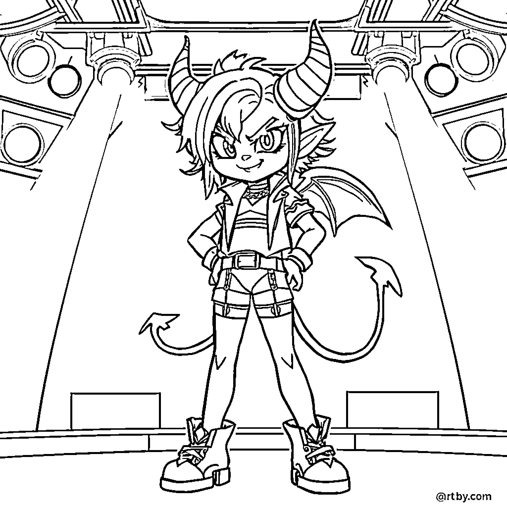 Demon Girl in Powerful Stance Coloring Page (free black-and-white line drawing printable PDF for all, from beginners to advanced learners, including children, teens, adults, and seniors)