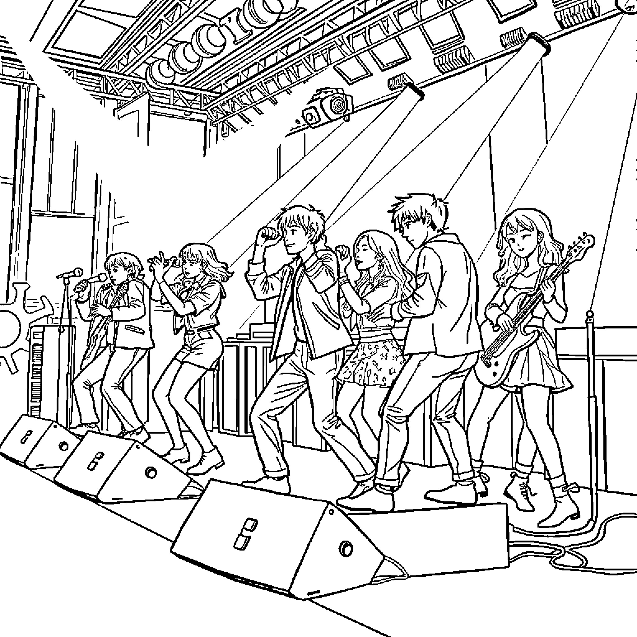 K Pop Band Performing on Stage Coloring Page (free black-and-white line drawing printable PDF for all, from beginners to advanced learners, including children, teens, adults, and seniors)