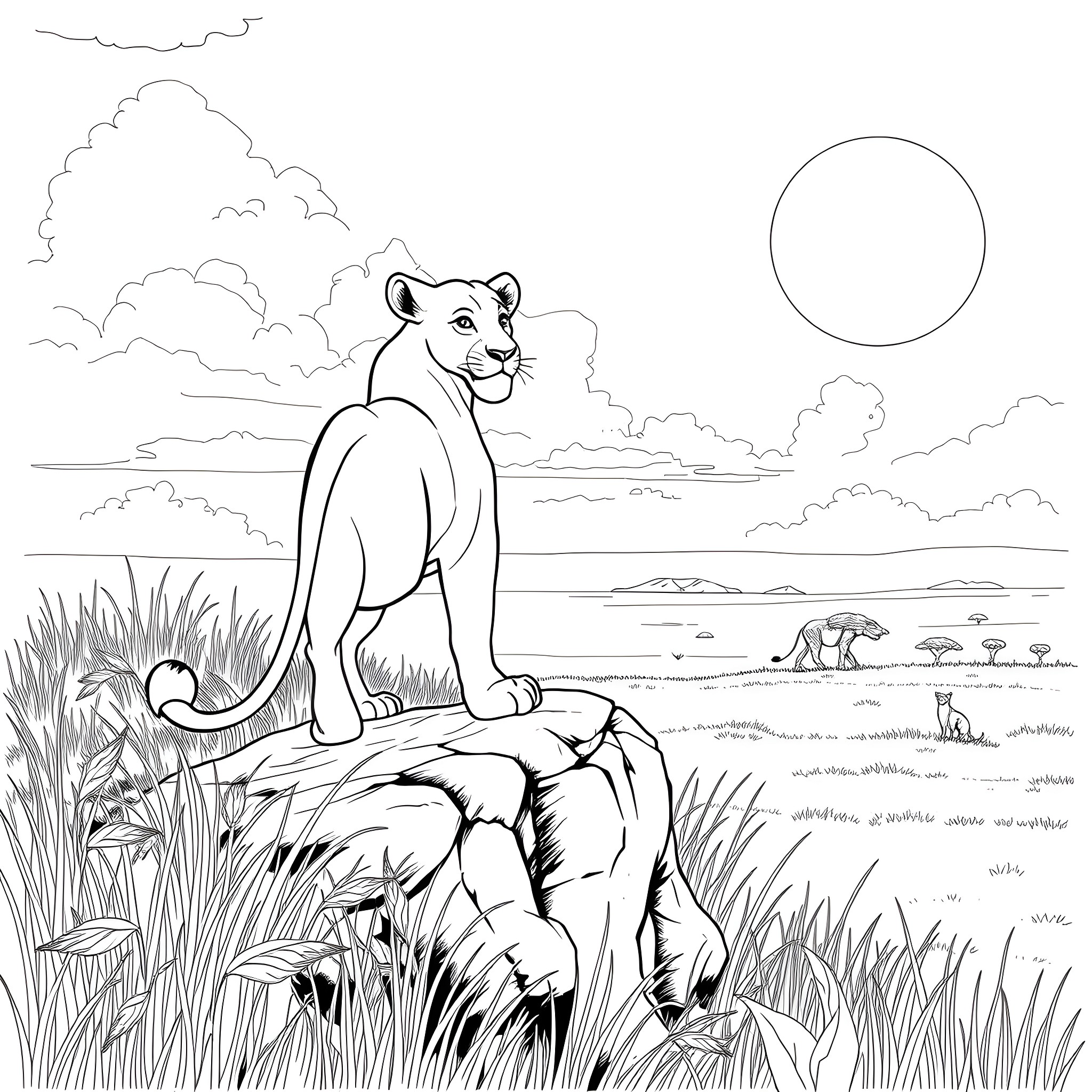 Nala contemplates the savannah landscape Coloring Page (free black-and-white line drawing printable PDF for all, from beginners to advanced learners, including children, teens, adults, and seniors)