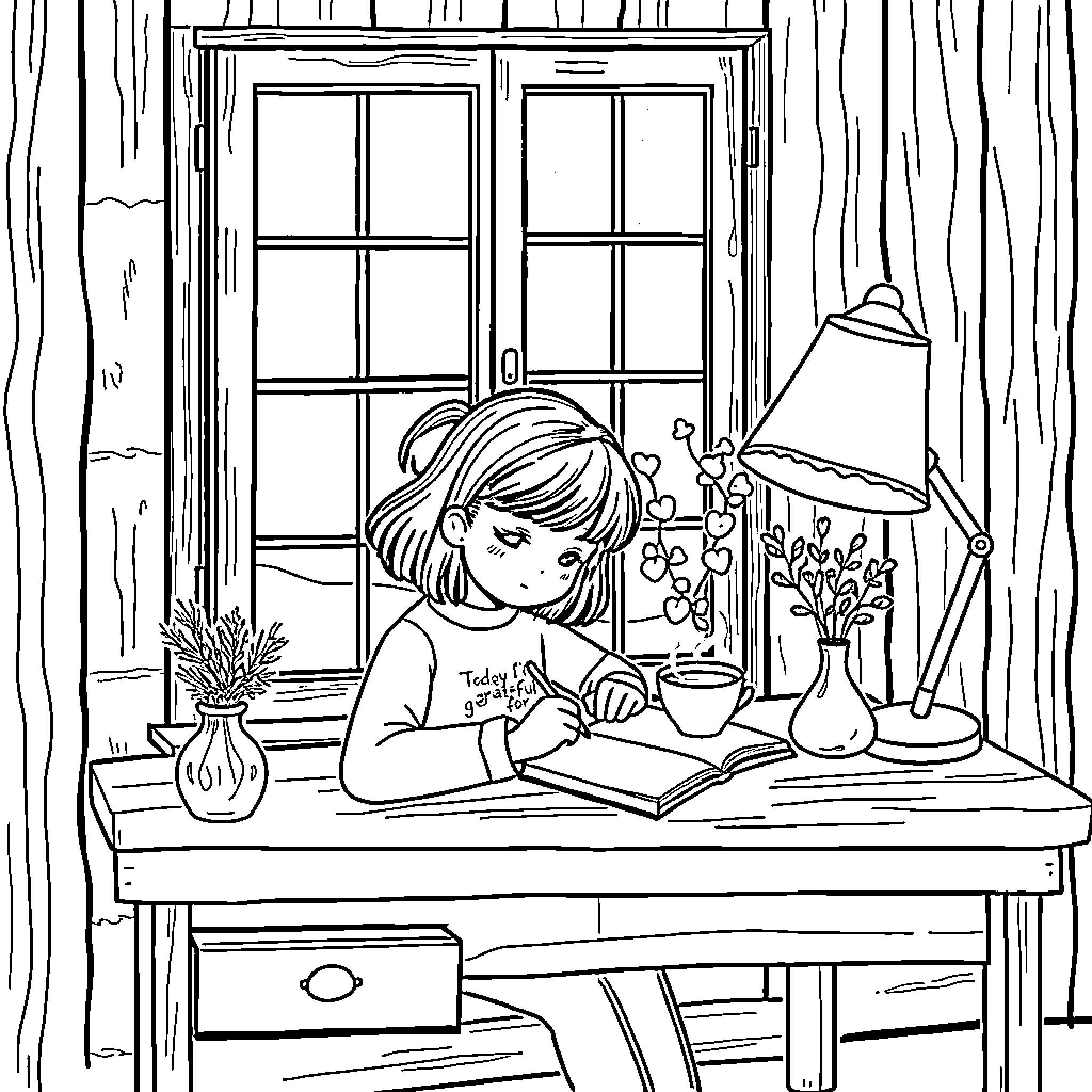 Girl studying quietly by the window Coloring Page (free black-and-white line drawing printable PDF for all, from beginners to advanced learners, including children, teens, adults, and seniors)