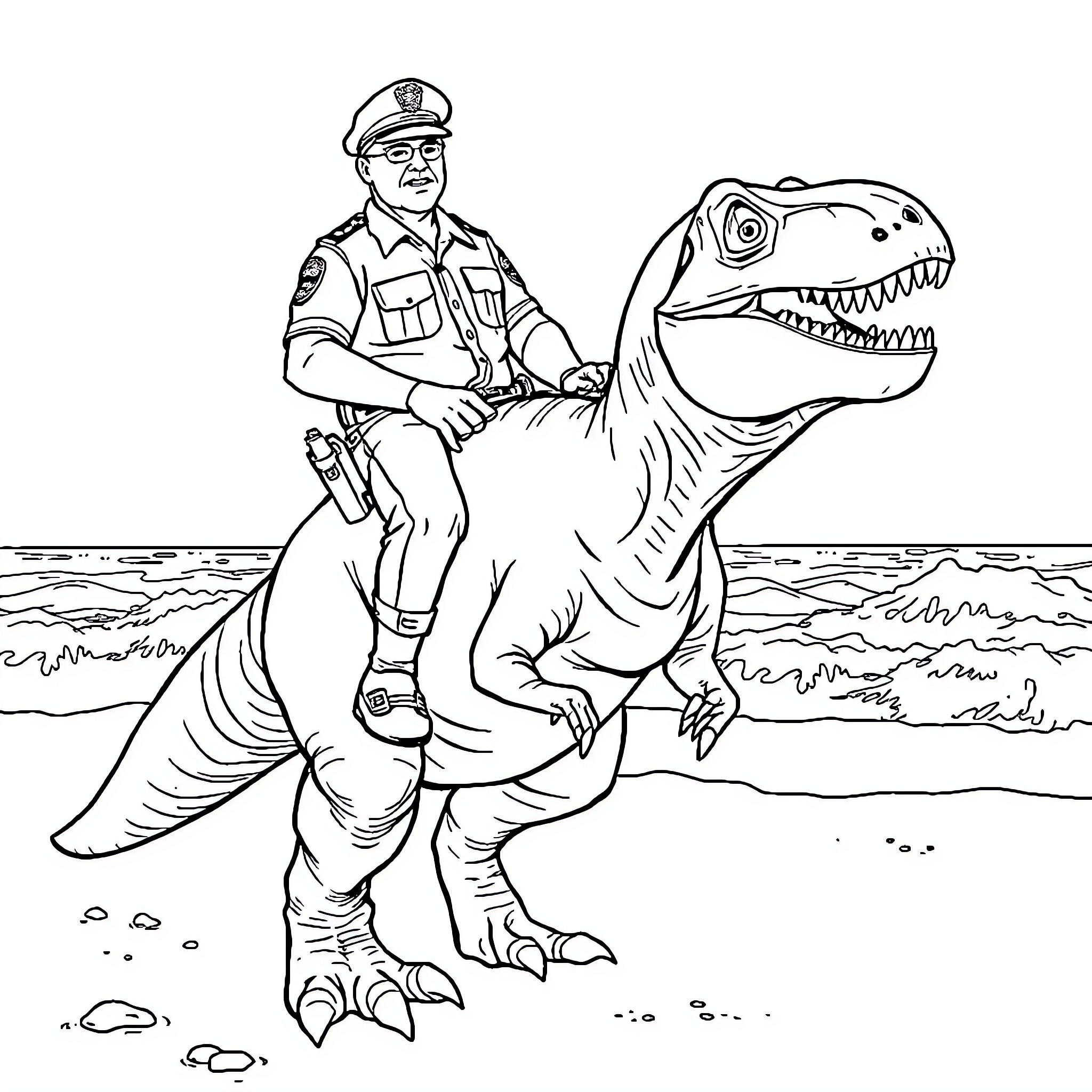 Police Officer Riding Dinosaur on Beach Coloring Page (free black-and-white line drawing printable PDF for all, from beginners to advanced learners, including children, teens, adults, and seniors)