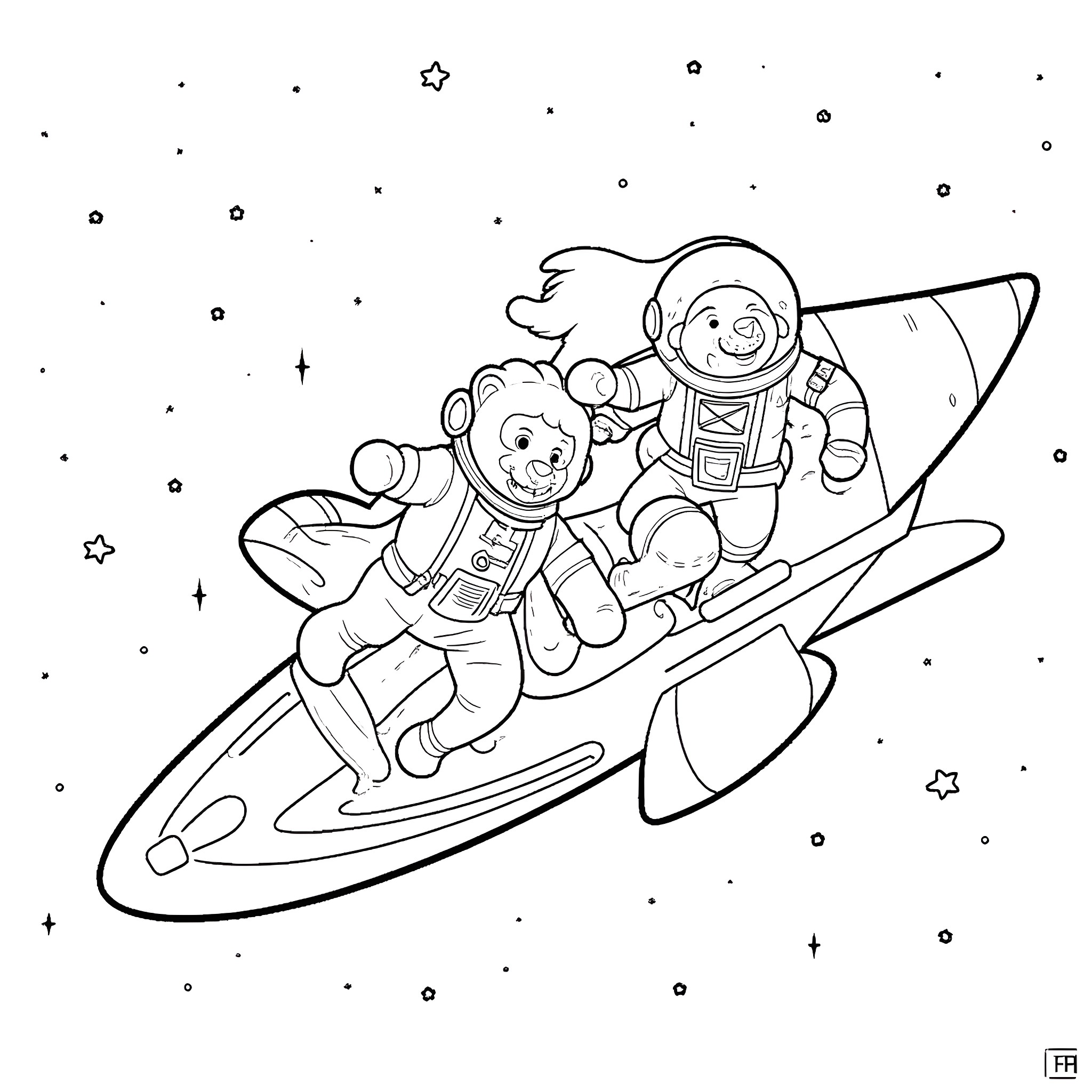 Lion astronauts exploring space in a rocket Coloring Page (free black-and-white line drawing printable PDF for all, from beginners to advanced learners, including children, teens, adults, and seniors)