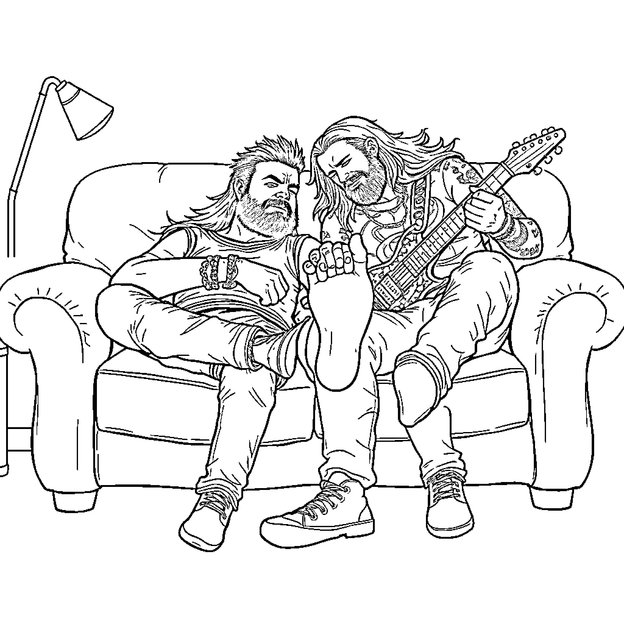 Dimebag Darrell's Rocking Duo Coloring Page (free black-and-white line drawing printable PDF for all, from beginners to advanced learners, including children, teens, adults, and seniors)